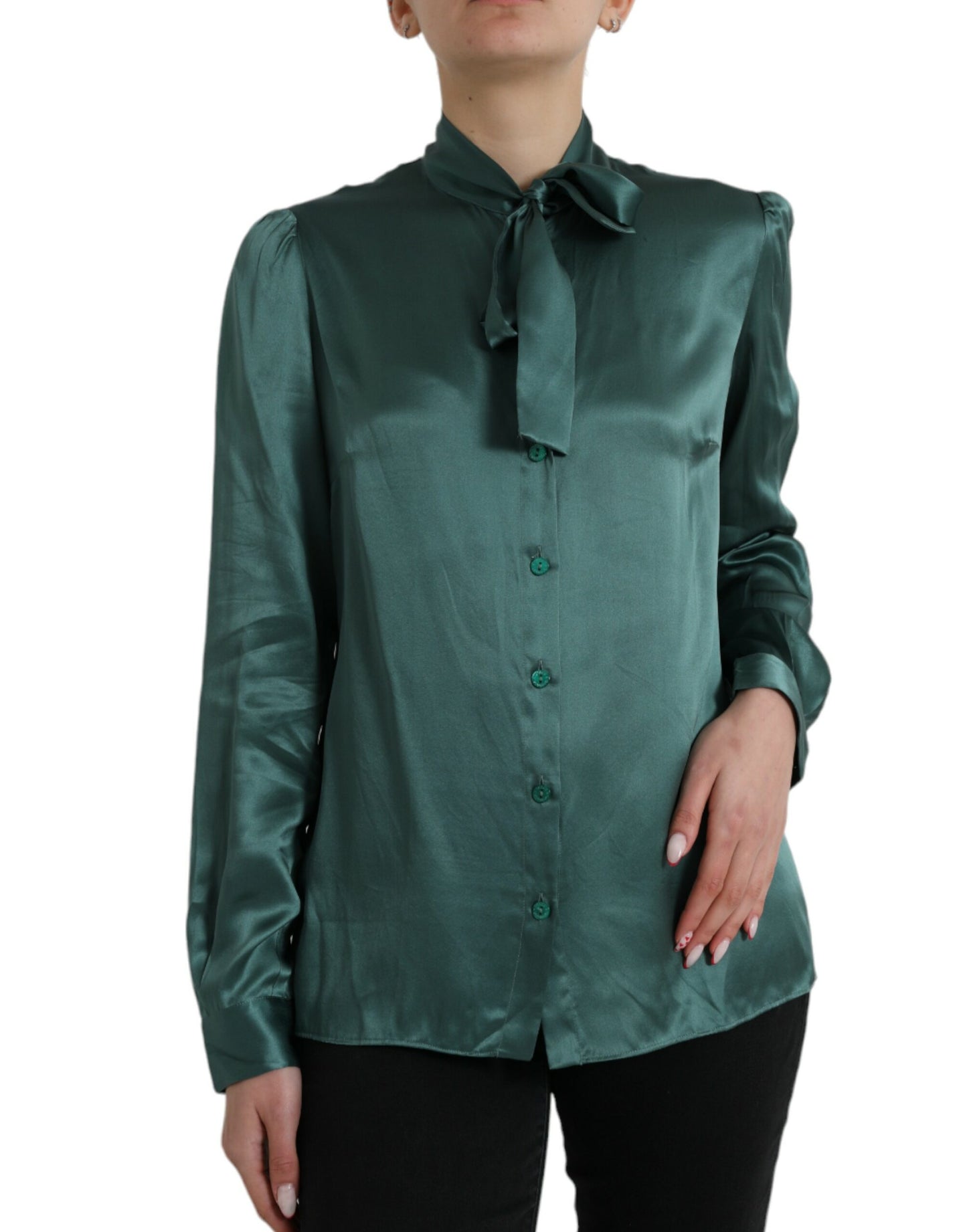 Dolce & Gabbana Dark Green Silk Ascot Collar Blouse Top by Dolce & Gabbana