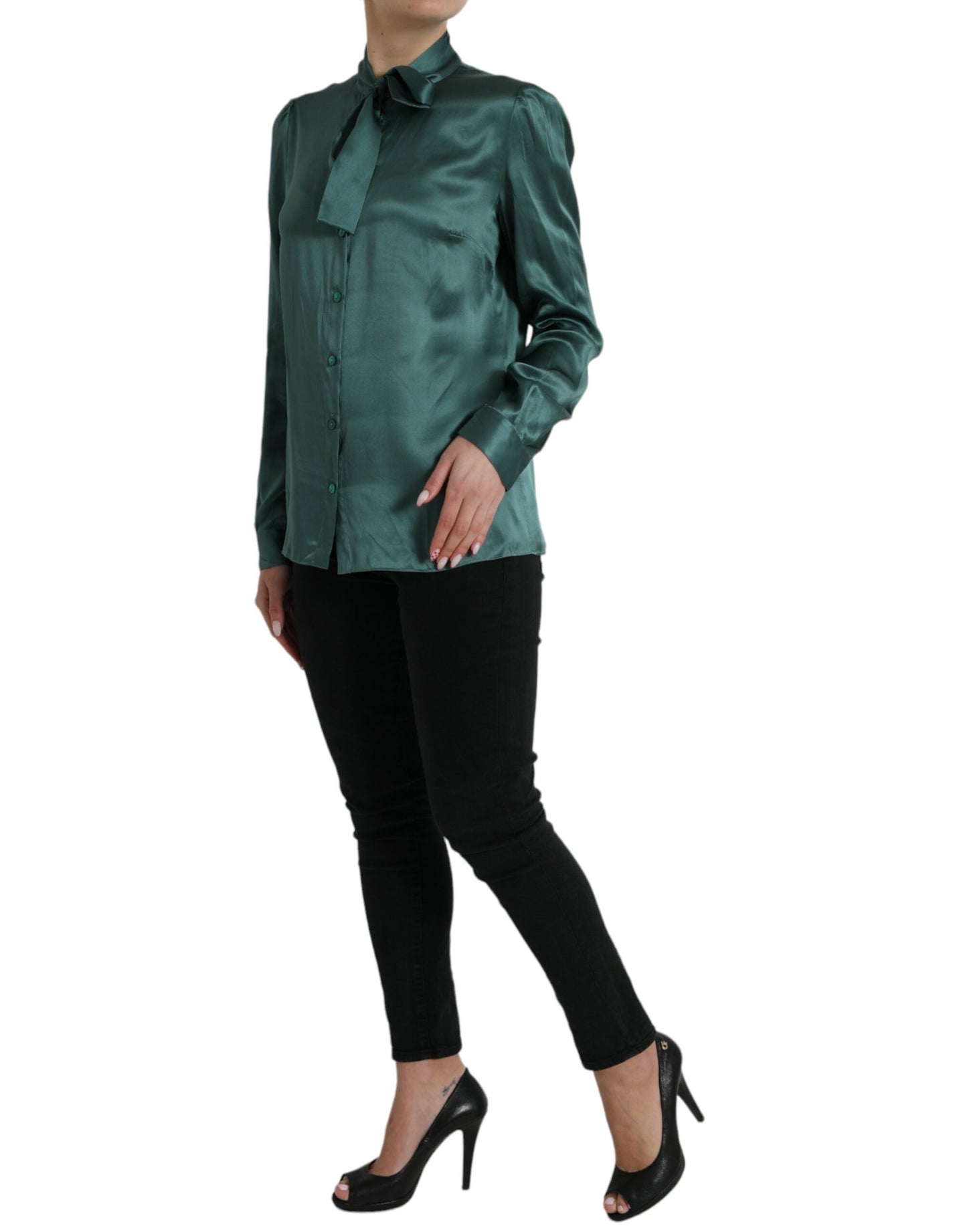 Dolce & Gabbana Dark Green Silk Ascot Collar Blouse Top by Dolce & Gabbana