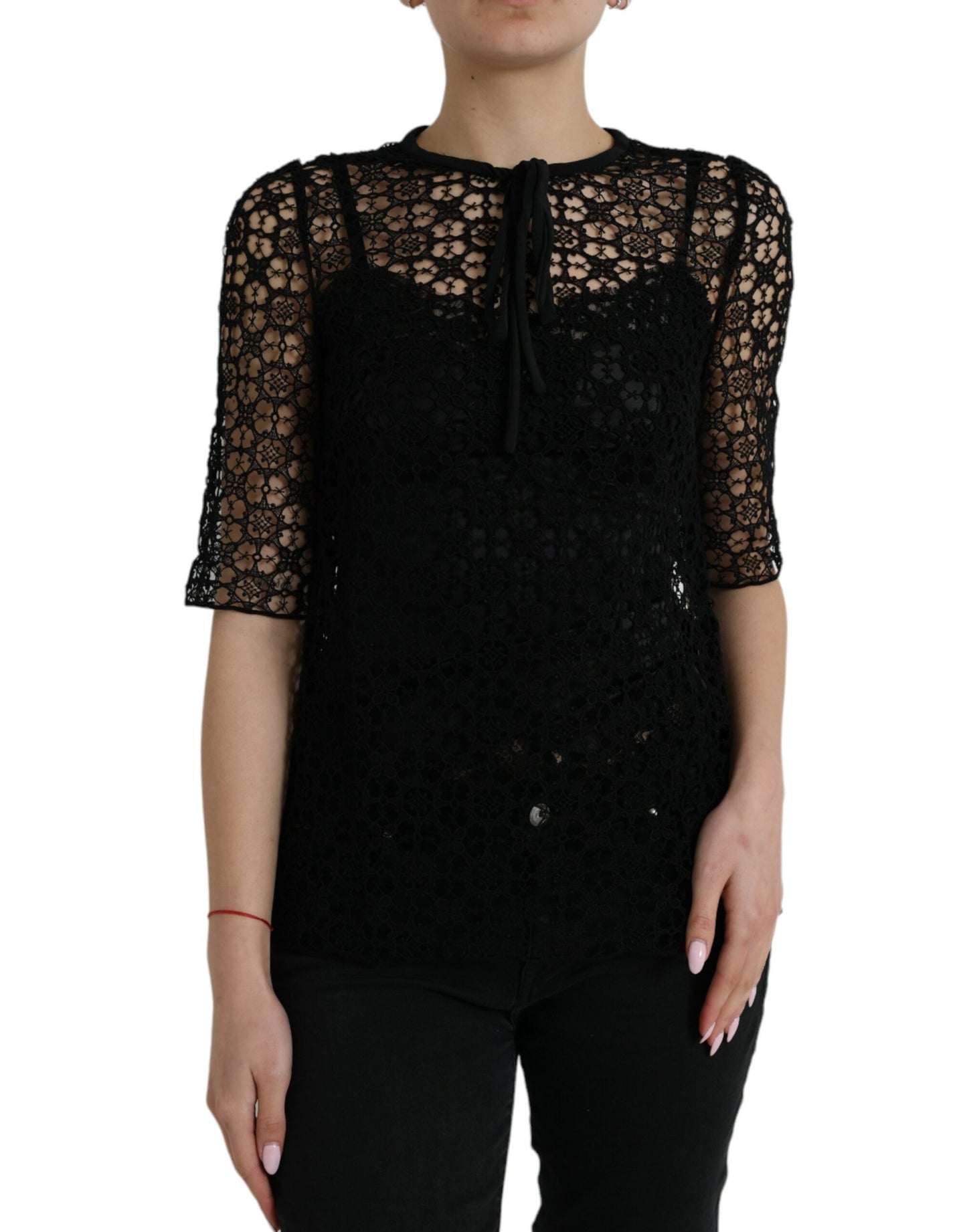 Dolce & Gabbana Black Floral Lace Short Sleeves Blouse Top by Dolce & Gabbana