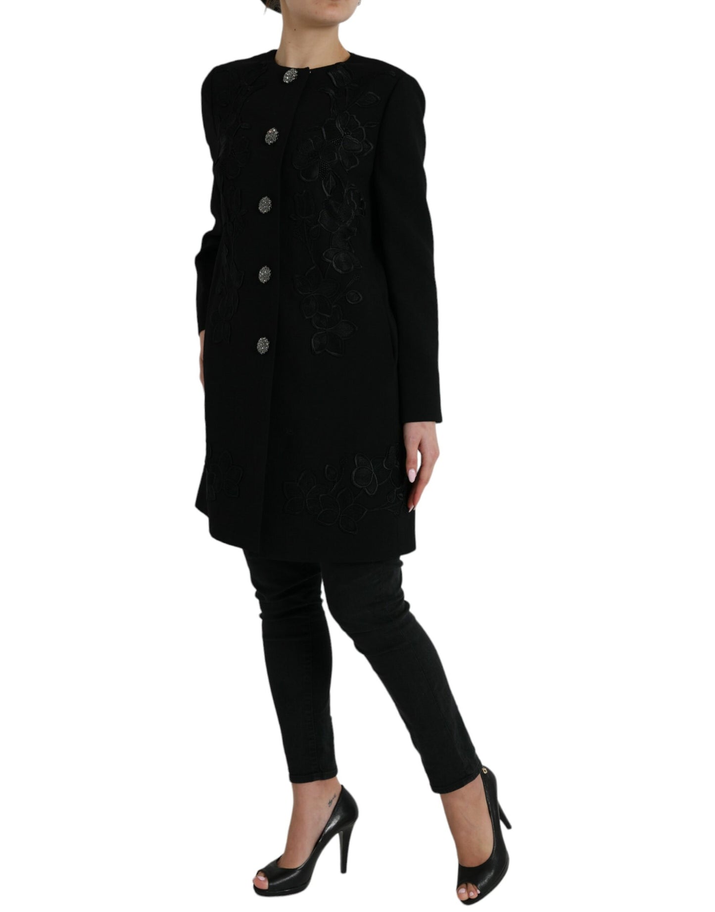 Trench-coat élégant en laine boutonné à fleurs Dolce & Gabbana