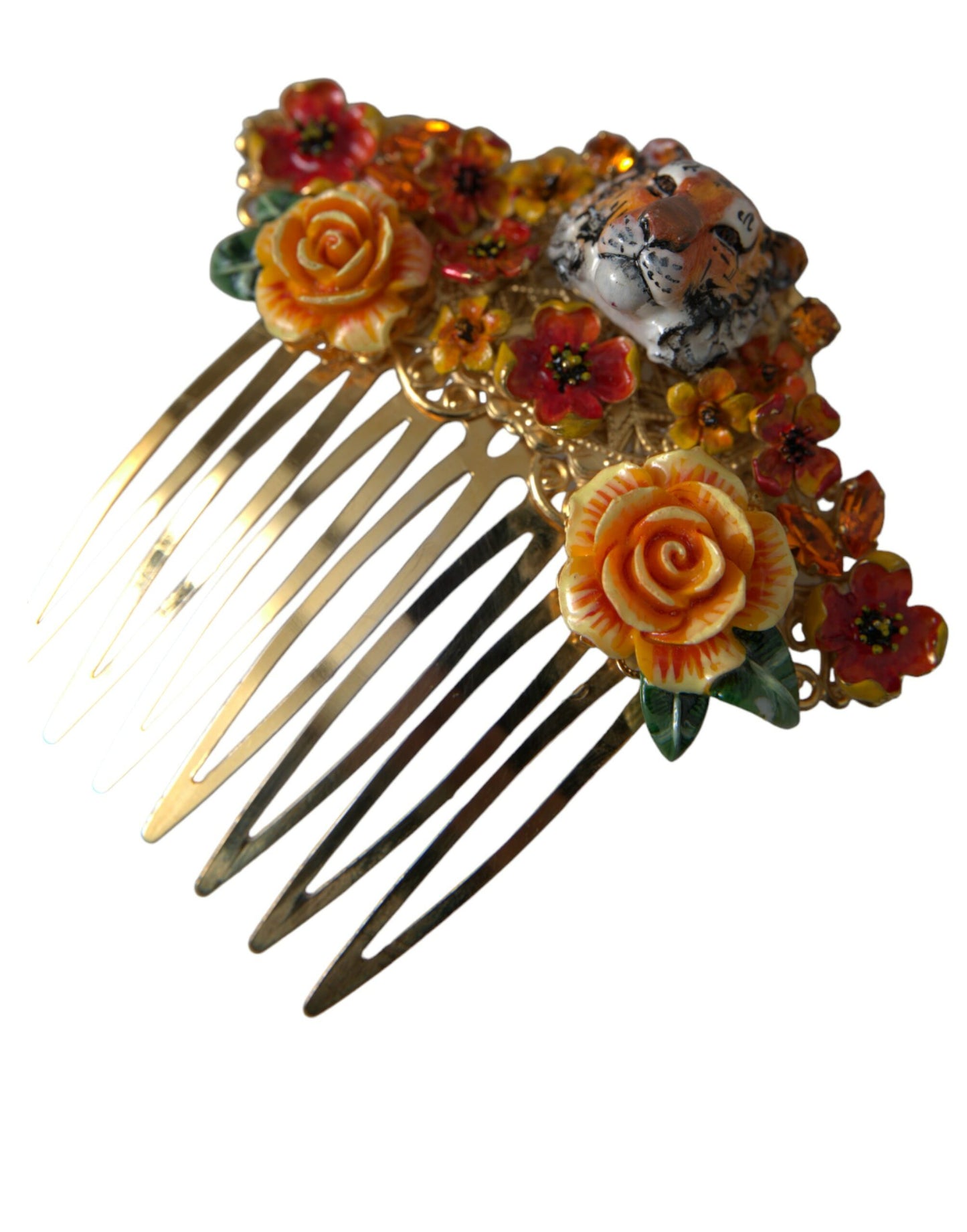 Peigne à cheveux Dolce & Gabbana en laiton doré et cristal motif léopard floral