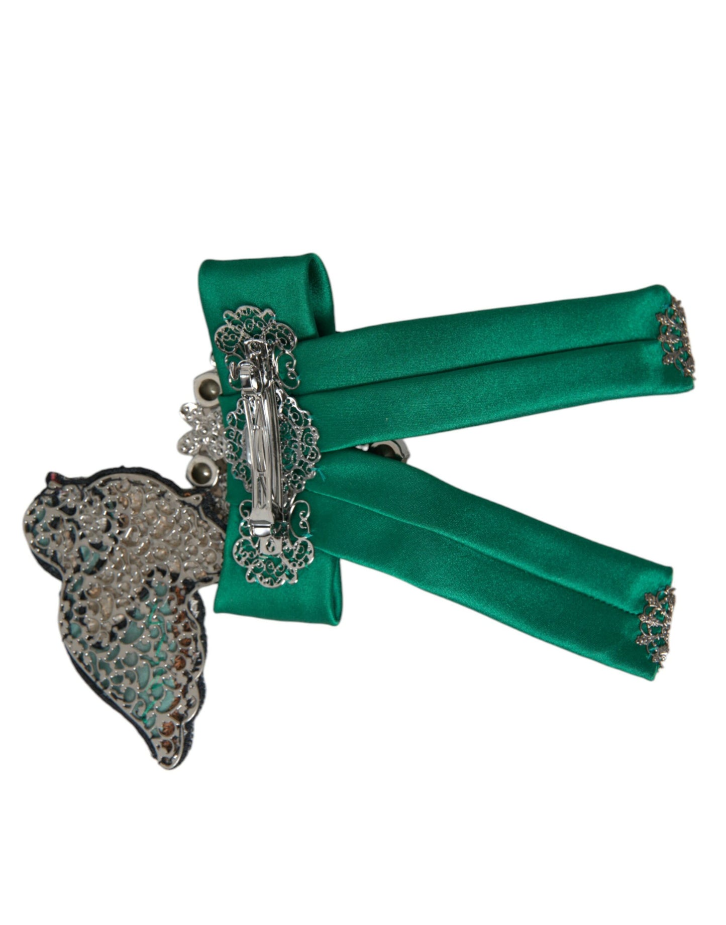 Pince à cheveux Dolce & Gabbana en satin vert avec oiseau et cristaux pour femme