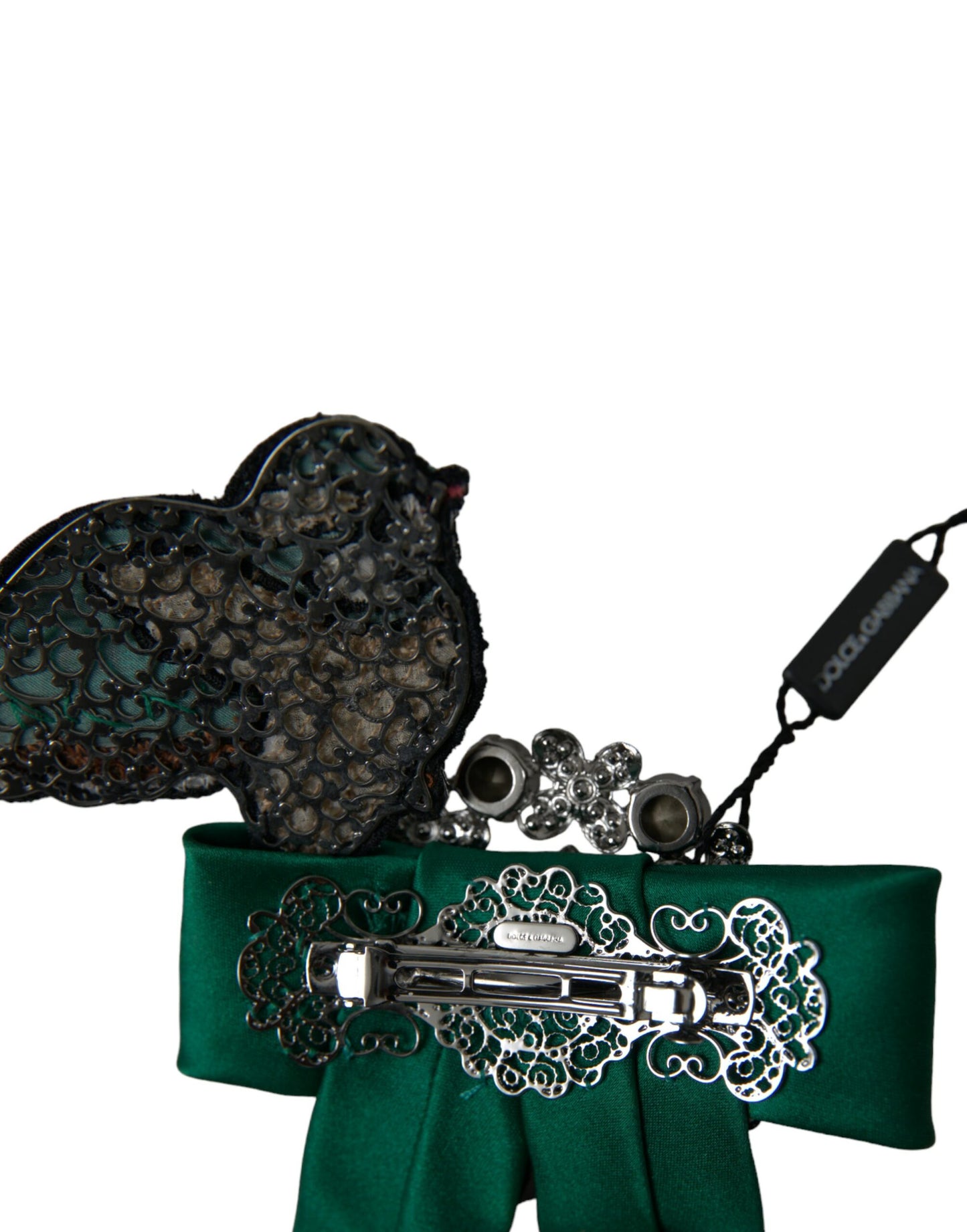 Pince à cheveux Dolce & Gabbana en satin vert avec oiseau et cristaux pour femme