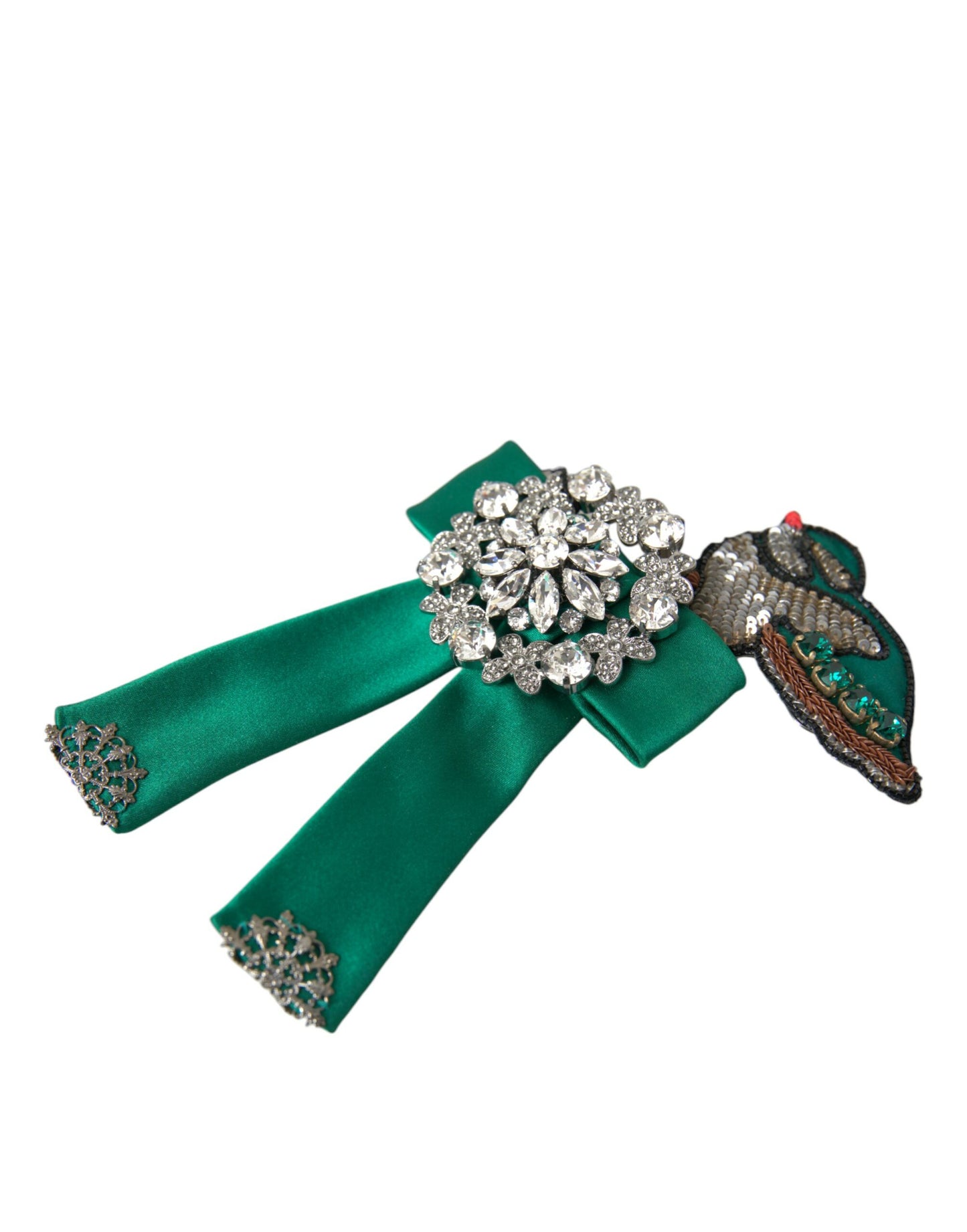 Pince à cheveux Dolce & Gabbana en satin vert avec oiseau et cristaux pour femme