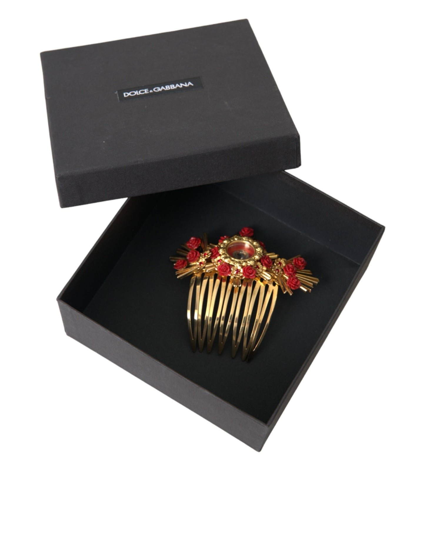 Peigne à cheveux Dolce & Gabbana en laiton doré et cristal avec motif floral en forme de cœur