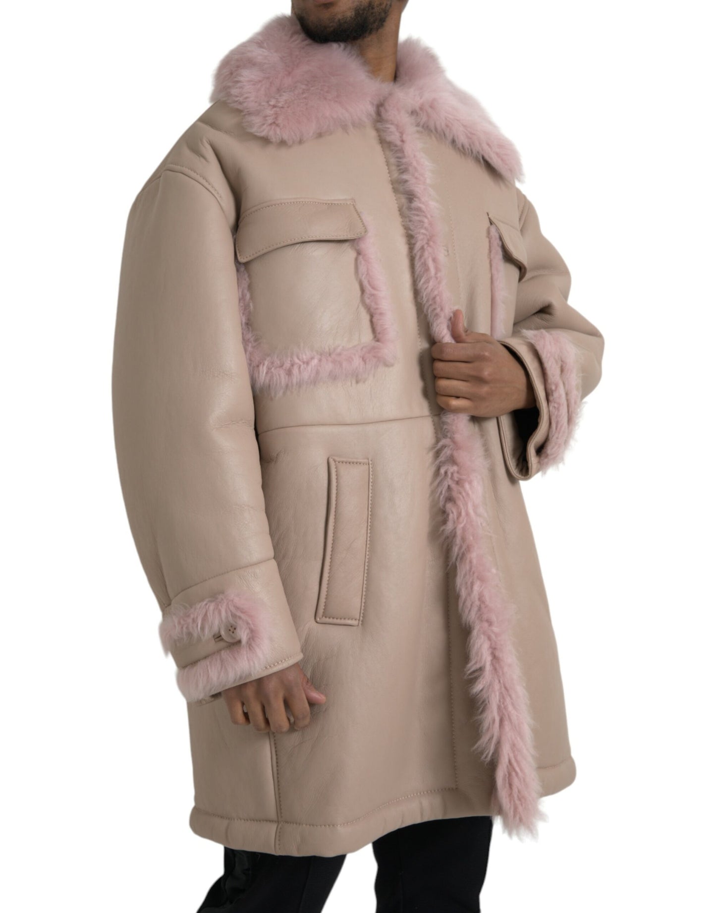Dolce & Gabbana - Manteau en peau lainée beige et rose