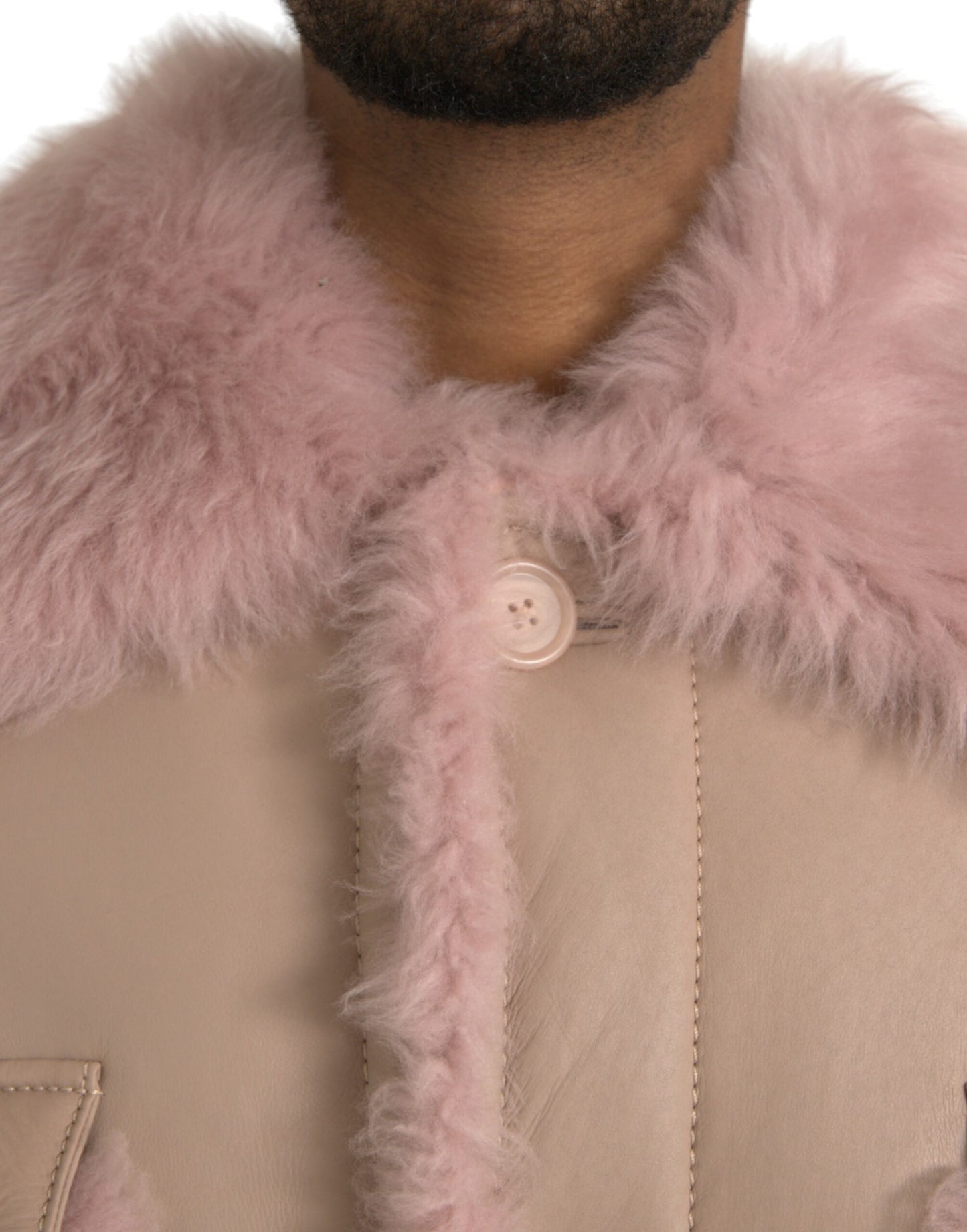 Dolce & Gabbana - Manteau en peau lainée beige et rose