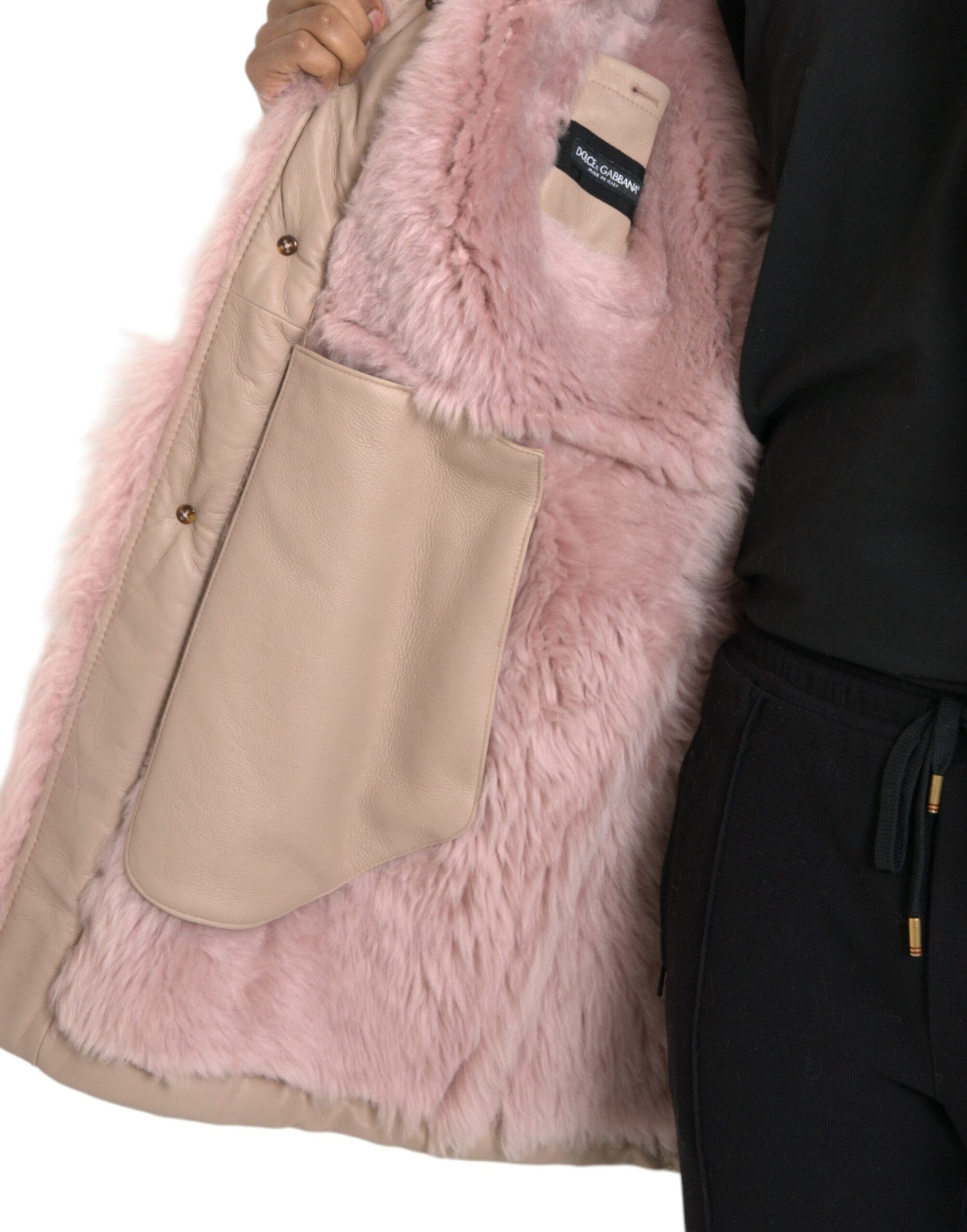 Dolce & Gabbana - Manteau en peau lainée beige et rose