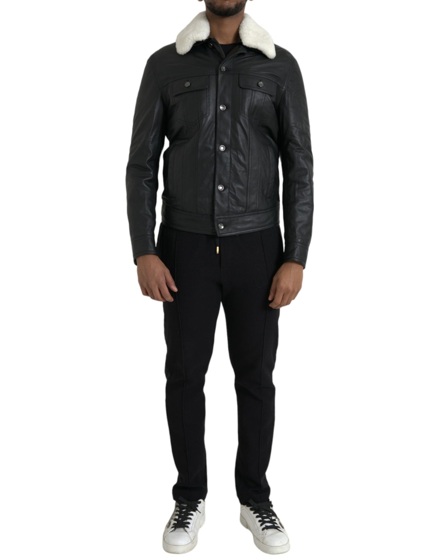 Dolce & Gabbana - Manteau motard en cuir noir avec col en fourrure