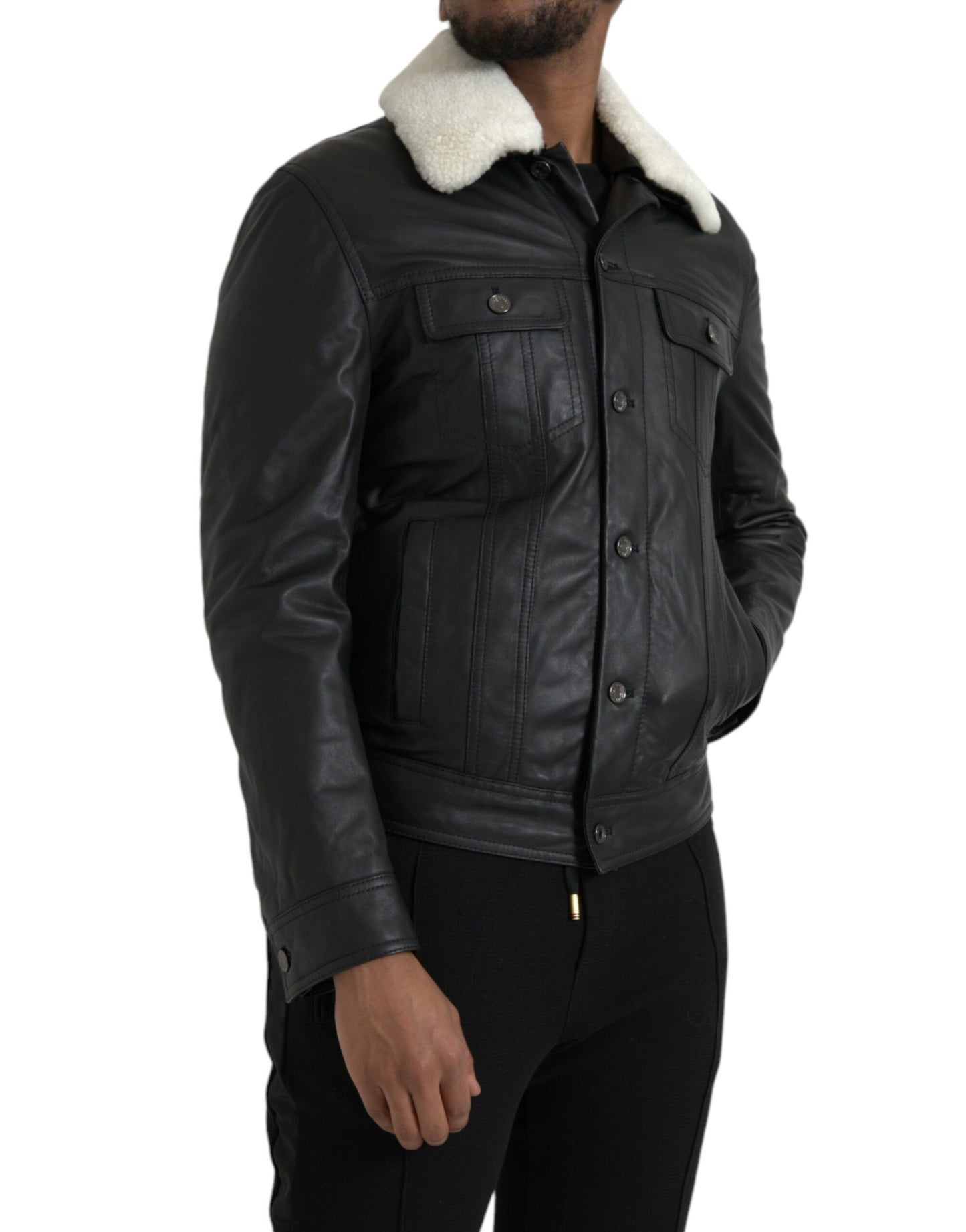 Dolce & Gabbana - Manteau motard en cuir noir avec col en fourrure