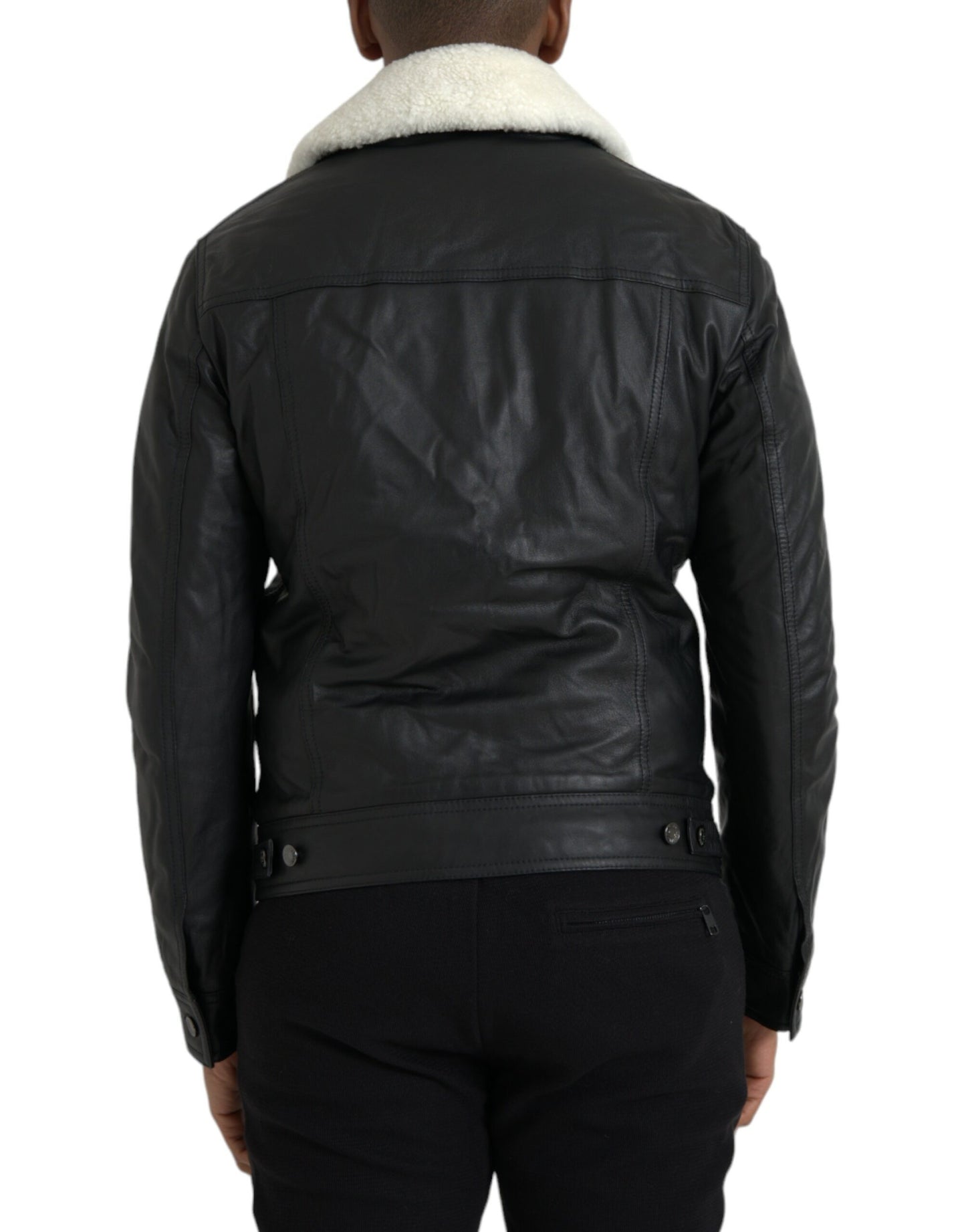 Dolce & Gabbana - Manteau motard en cuir noir avec col en fourrure