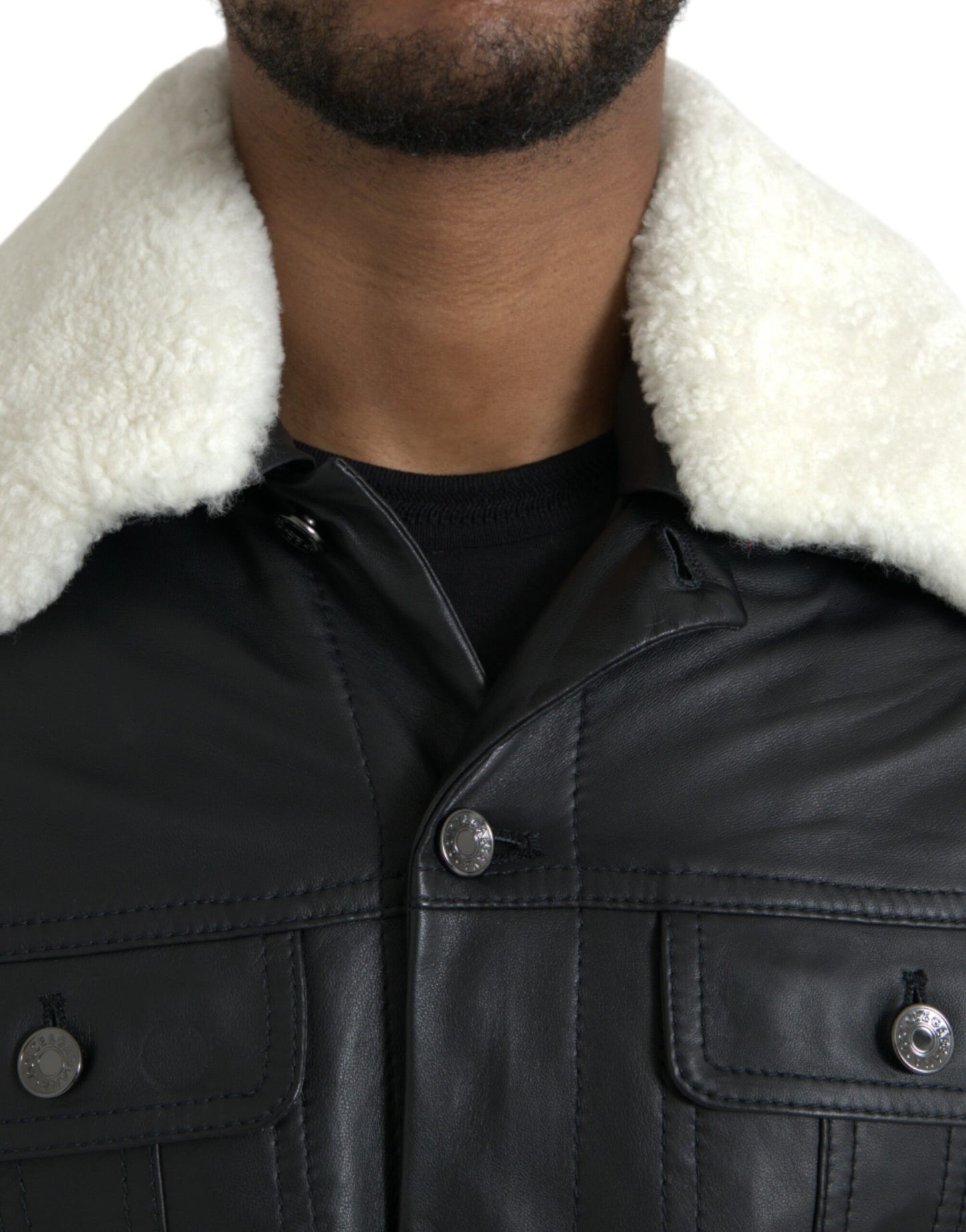 Dolce & Gabbana - Manteau motard en cuir noir avec col en fourrure
