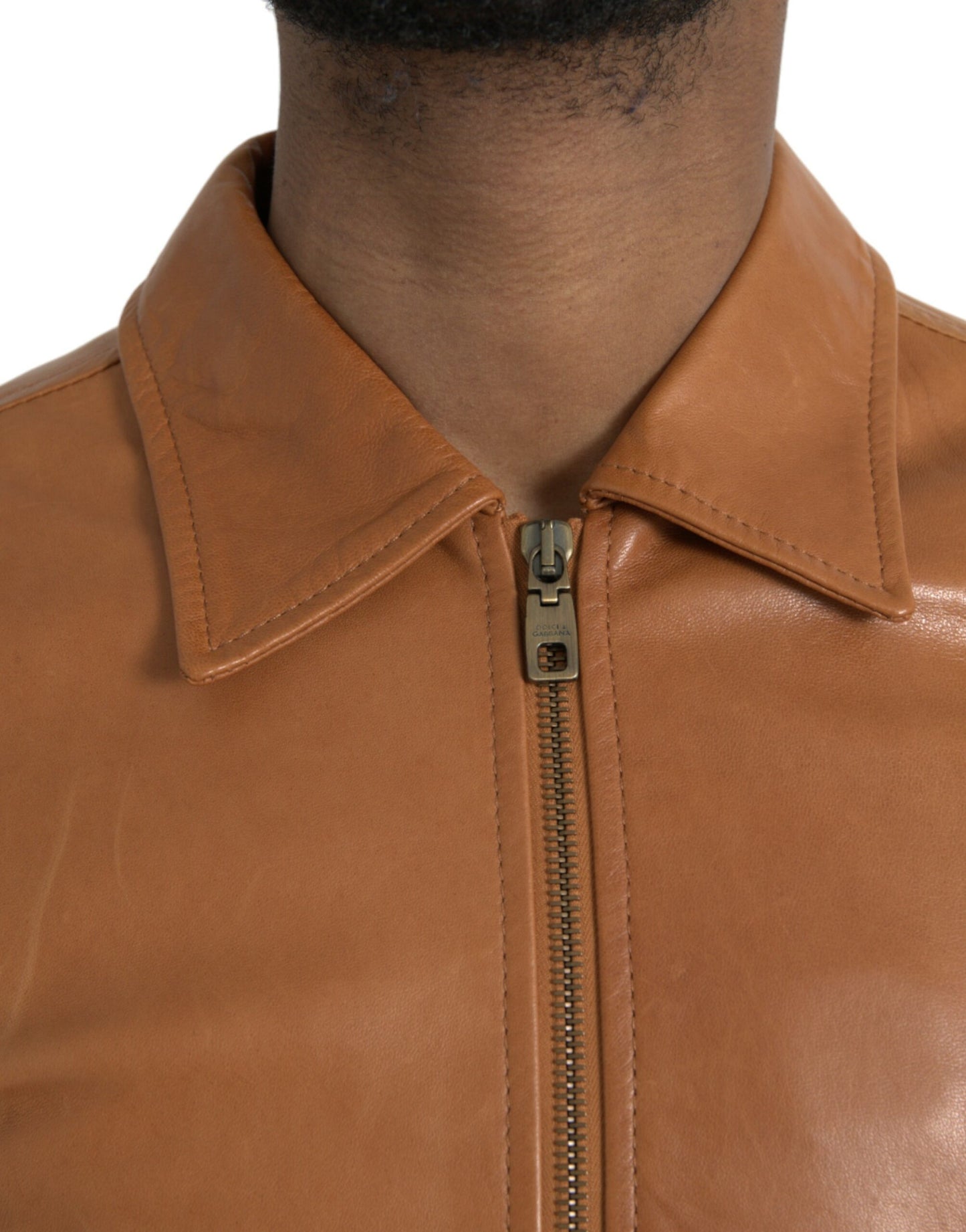 Blouson zippé en cuir d'agneau marron Dolce & Gabbana