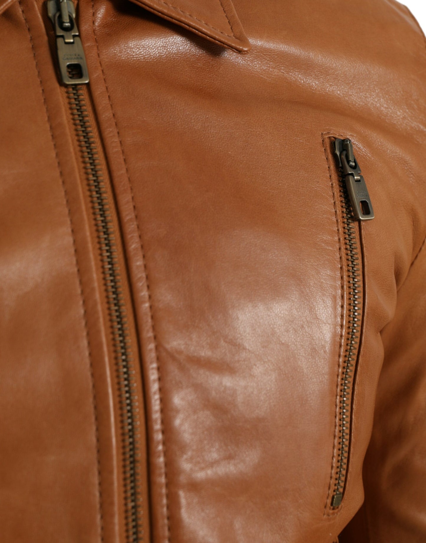Blouson zippé en cuir d'agneau marron Dolce & Gabbana