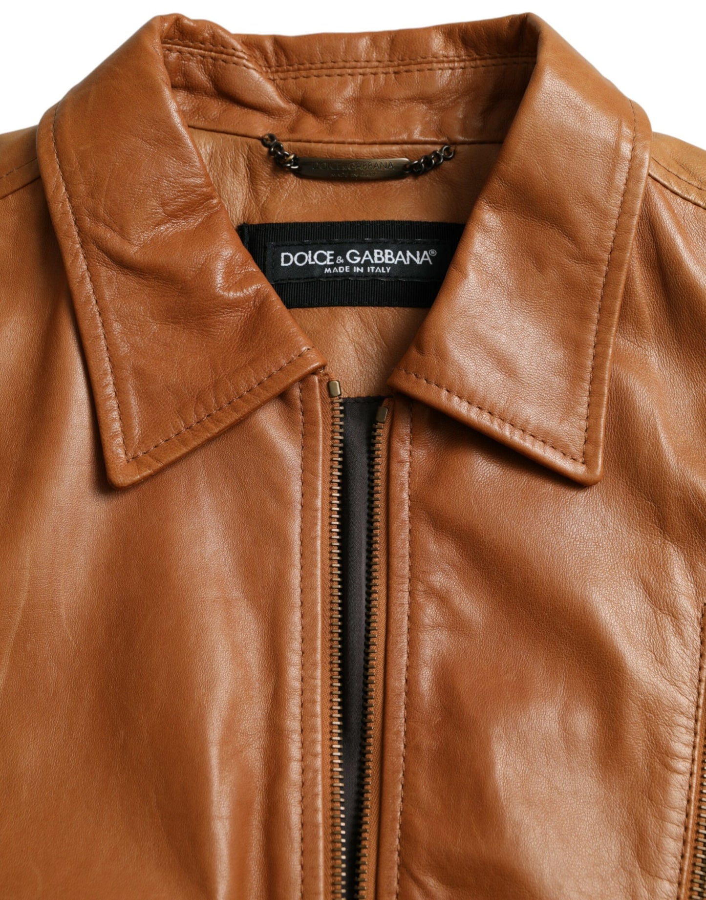 Blouson zippé en cuir d'agneau marron Dolce & Gabbana