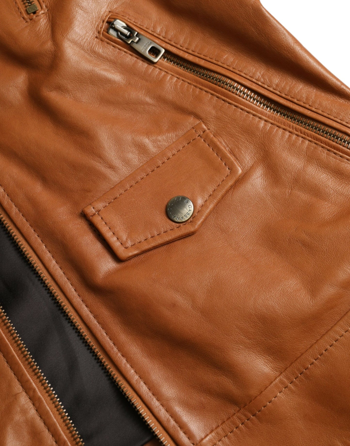 Blouson zippé en cuir d'agneau marron Dolce & Gabbana