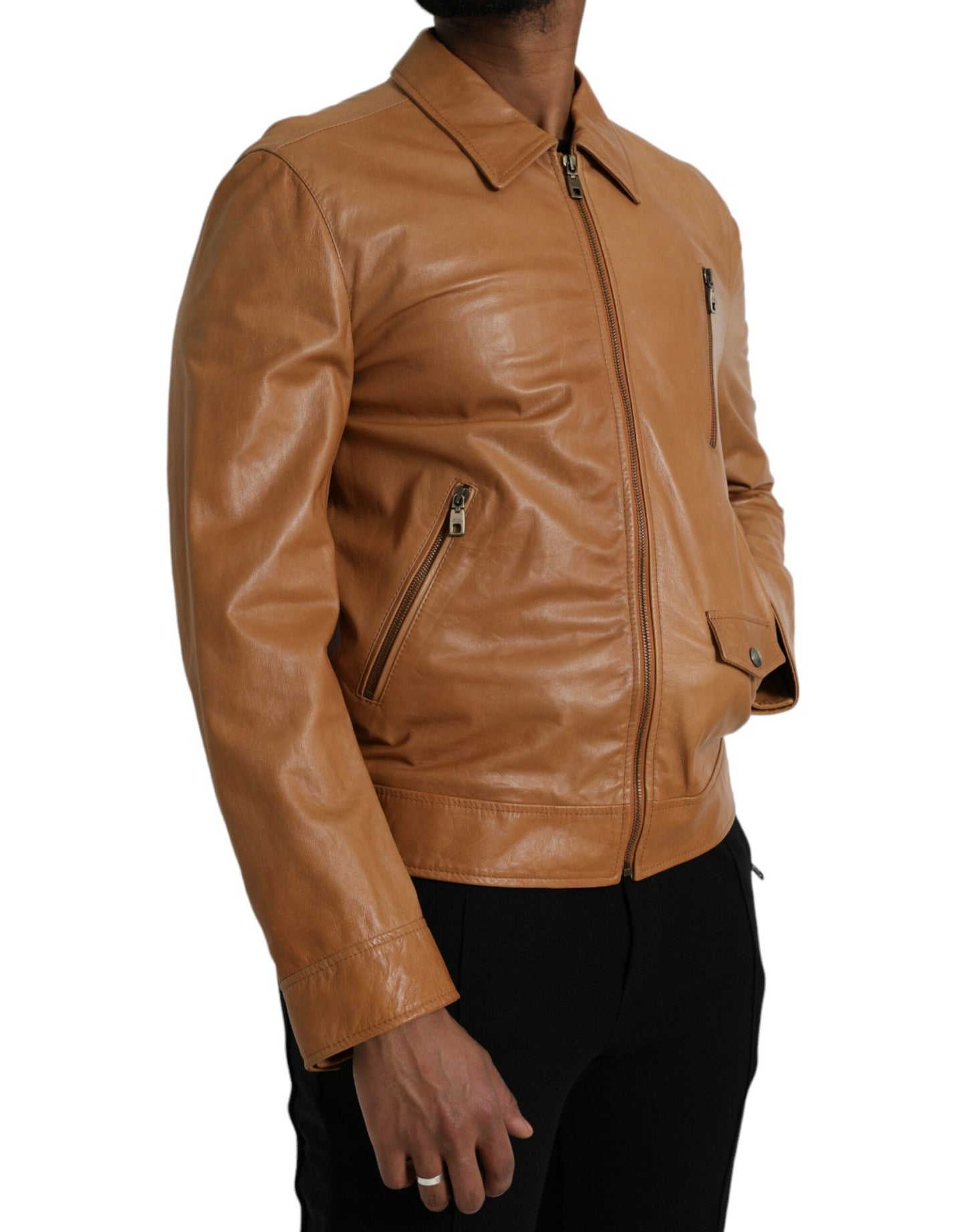 Blouson zippé en cuir d'agneau marron Dolce & Gabbana