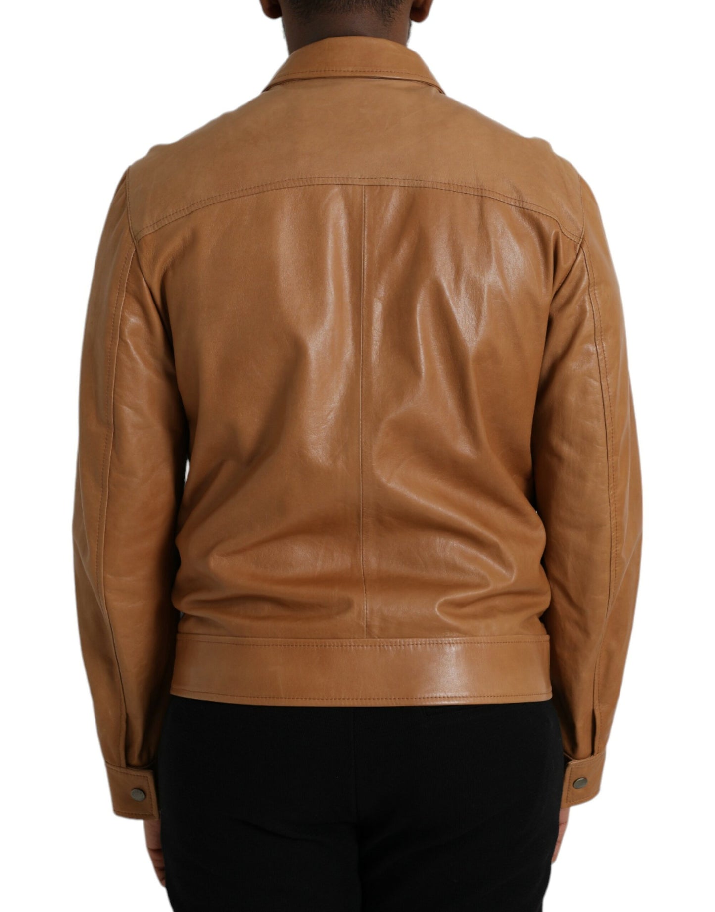 Blouson zippé en cuir d'agneau marron Dolce & Gabbana