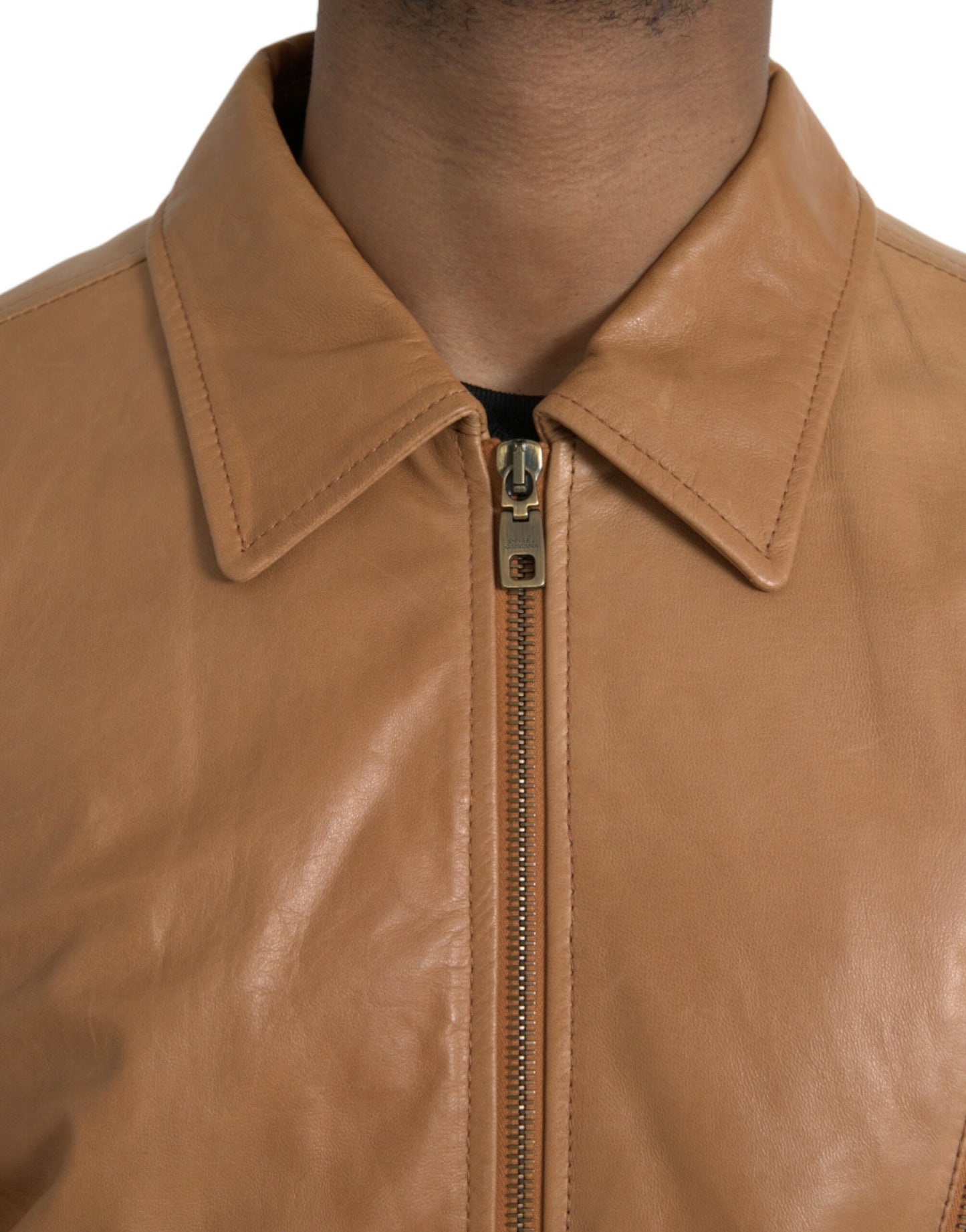 Blouson zippé en cuir d'agneau marron Dolce & Gabbana