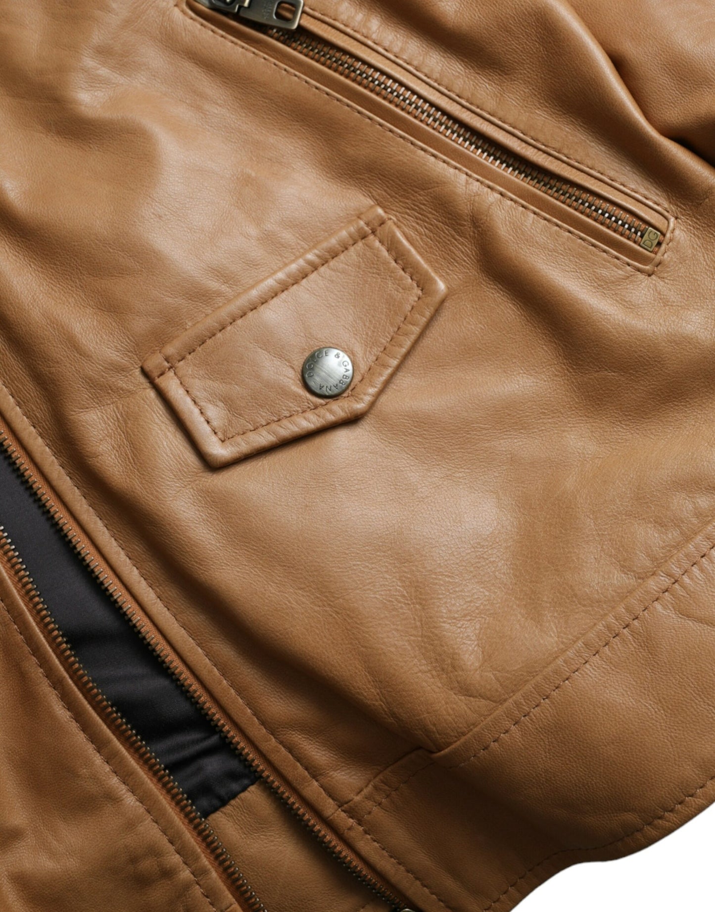 Blouson zippé en cuir d'agneau marron Dolce & Gabbana