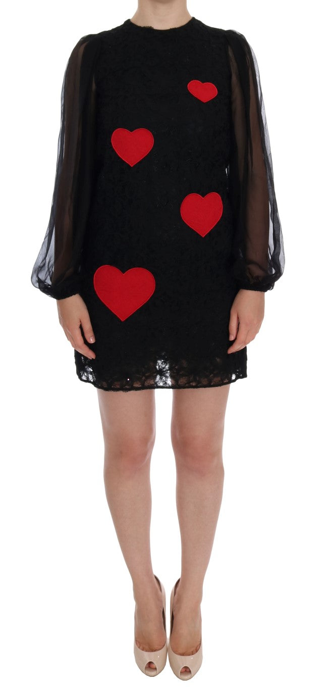 Robe droite élégante en dentelle noire avec appliques en forme de cœur Dolce & Gabbana