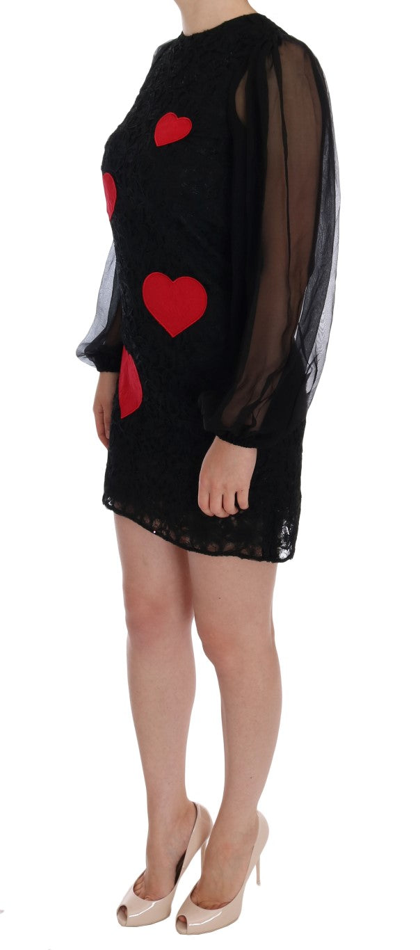 Robe droite élégante en dentelle noire avec appliques en forme de cœur Dolce & Gabbana