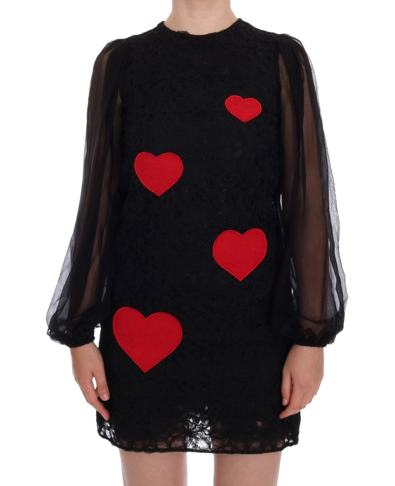 Robe droite élégante en dentelle noire avec appliques en forme de cœur Dolce & Gabbana