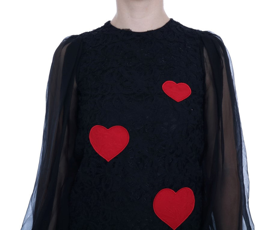 Robe droite élégante en dentelle noire avec appliques en forme de cœur Dolce & Gabbana