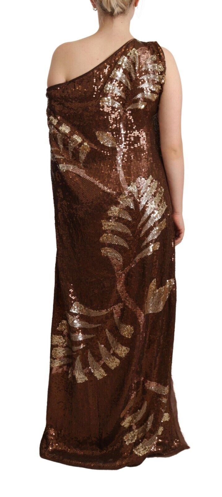 Dsquared² Brown Leaf Sequined Shift One Shoulder Long Dress by Dsquared²