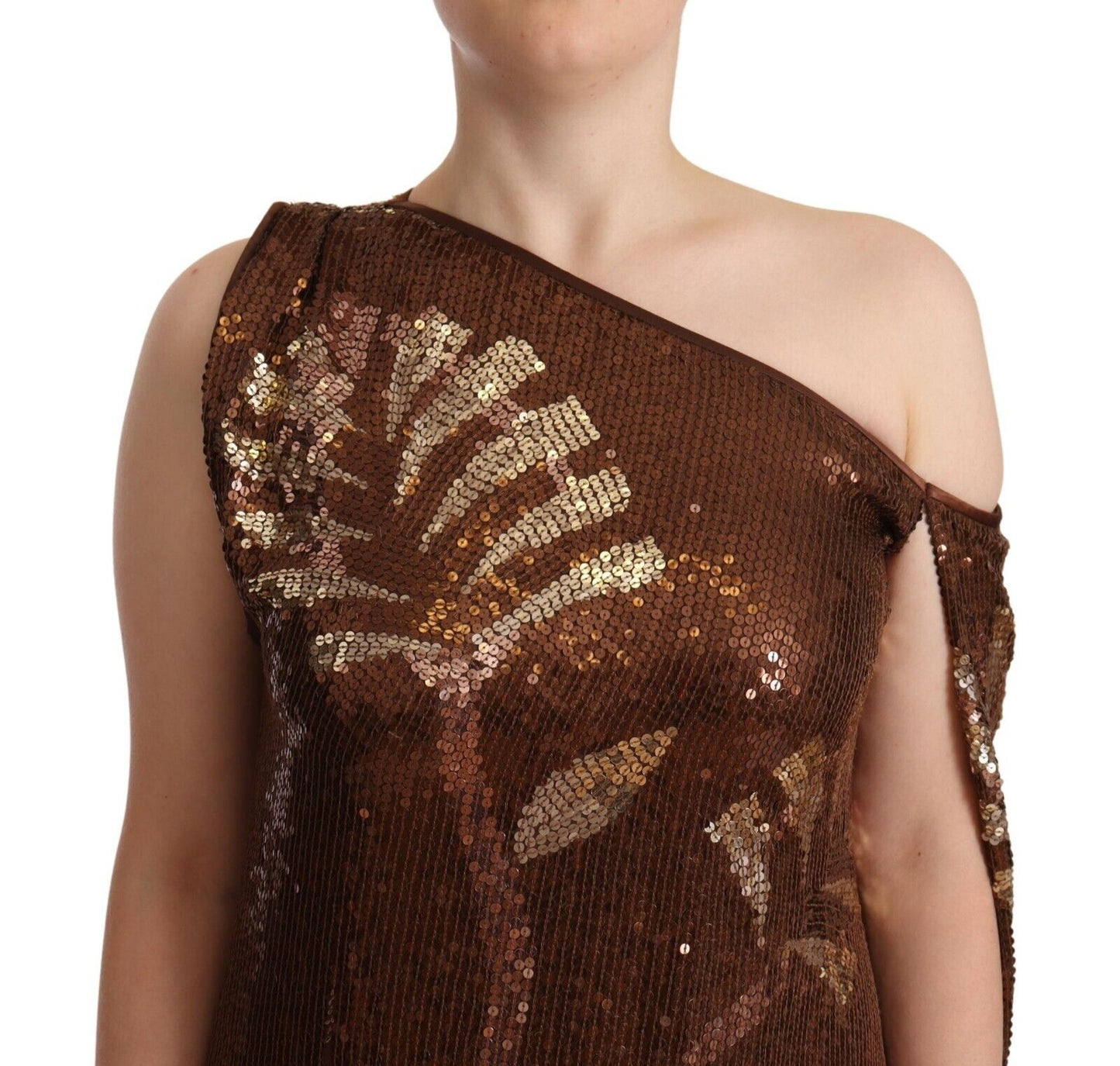 Dsquared² Brown Leaf Sequined Shift One Shoulder Long Dress by Dsquared²