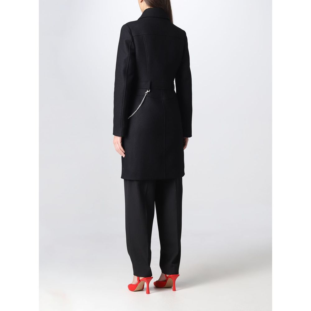 Manteau élégant en laine noire avec chaîne argentée Love Moschino