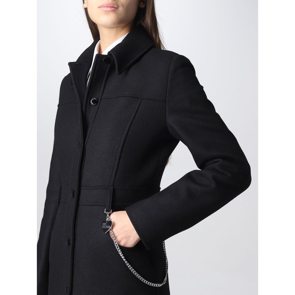 Manteau élégant en laine noire avec chaîne argentée Love Moschino