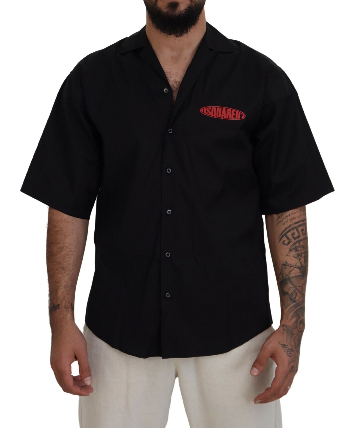 Dsquared² Black Cotton Collared Logo Print Short Sleeve Shirt by Dsquared²