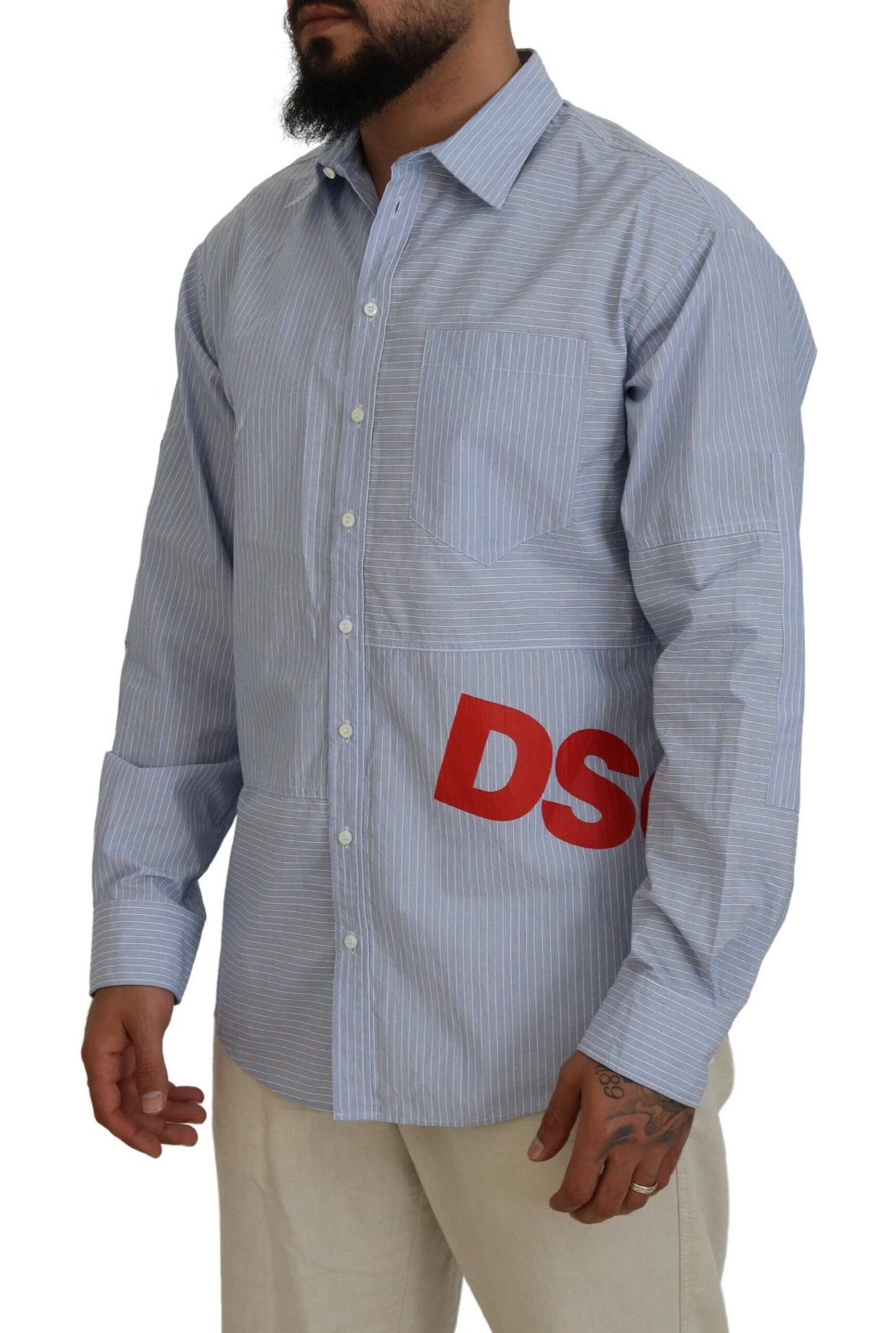 Dsquared² Blue Stripes Logo Print Long Sleeves Formal Shirt by Dsquared²