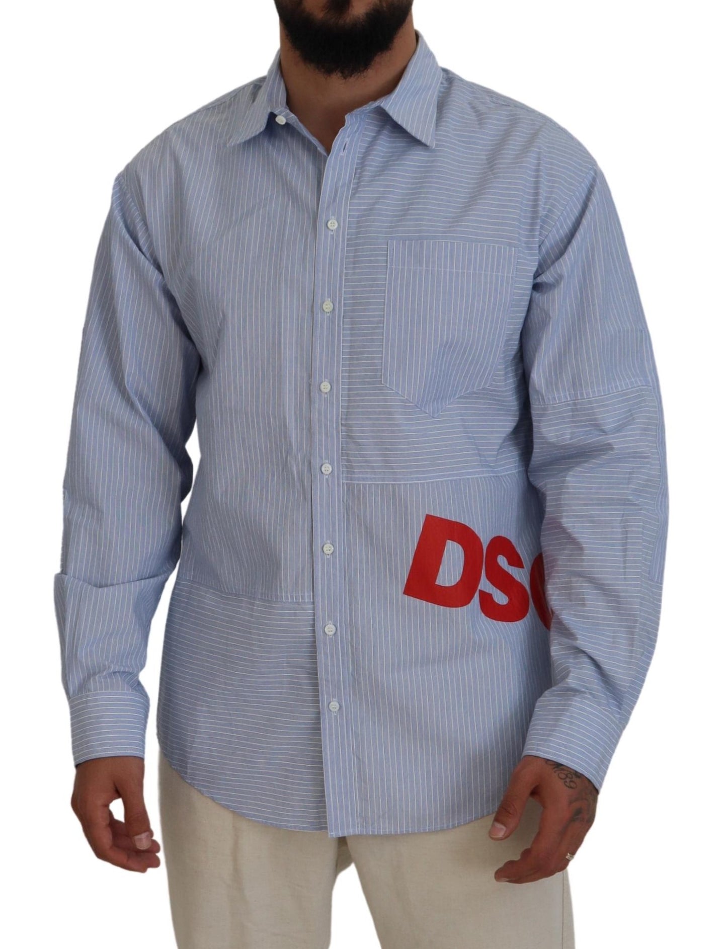 Dsquared² Blue Stripes Logo Print Long Sleeves Formal Shirt by Dsquared²