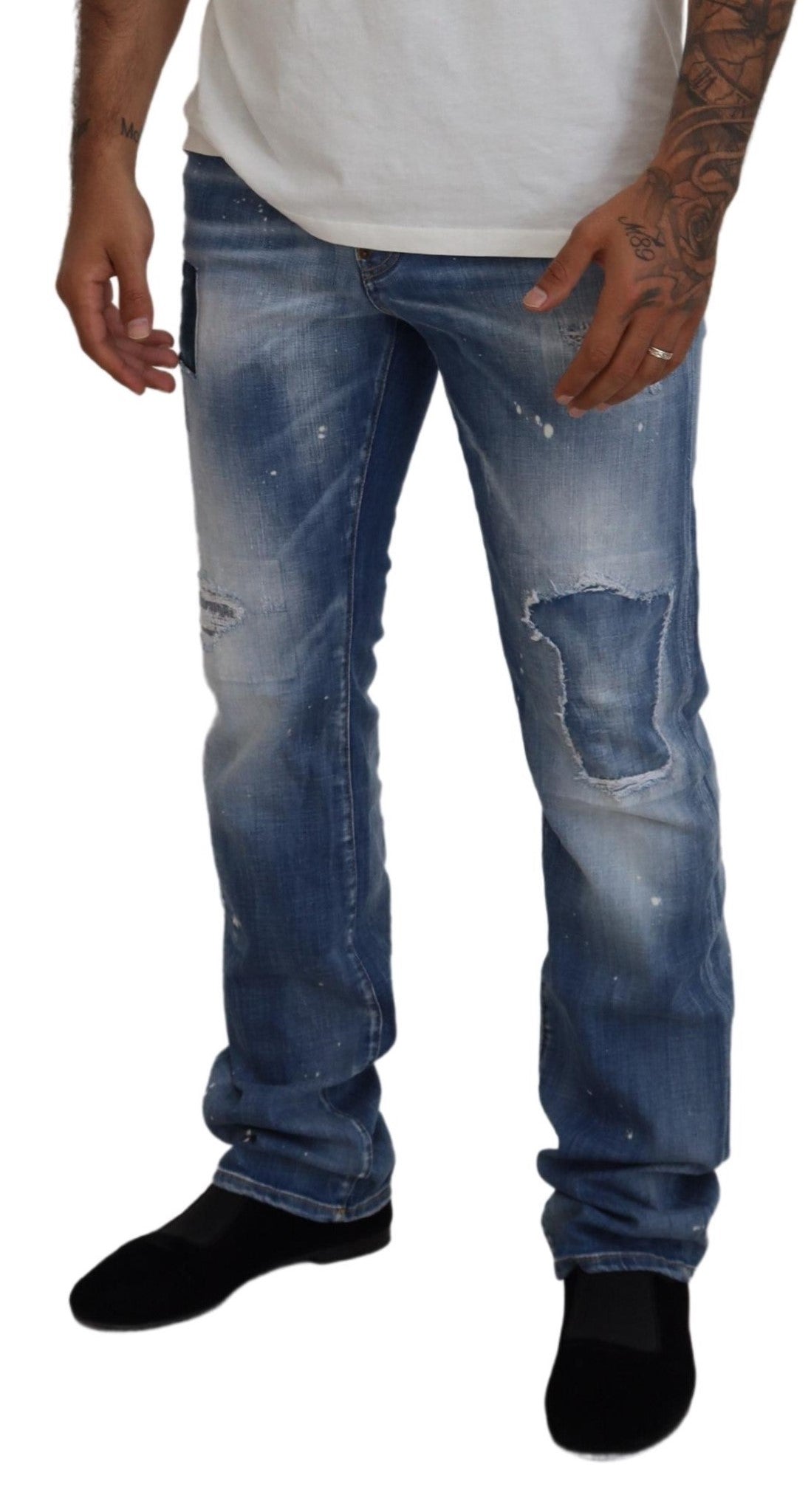 Dsquared² Blue Washed Tattered Straight Fit Casual Denim Jeans by Dsquared²