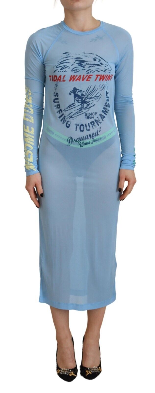 Dsquared² Blue Printed Viscose Long Sleeves Cover Up Dress by Dsquared²