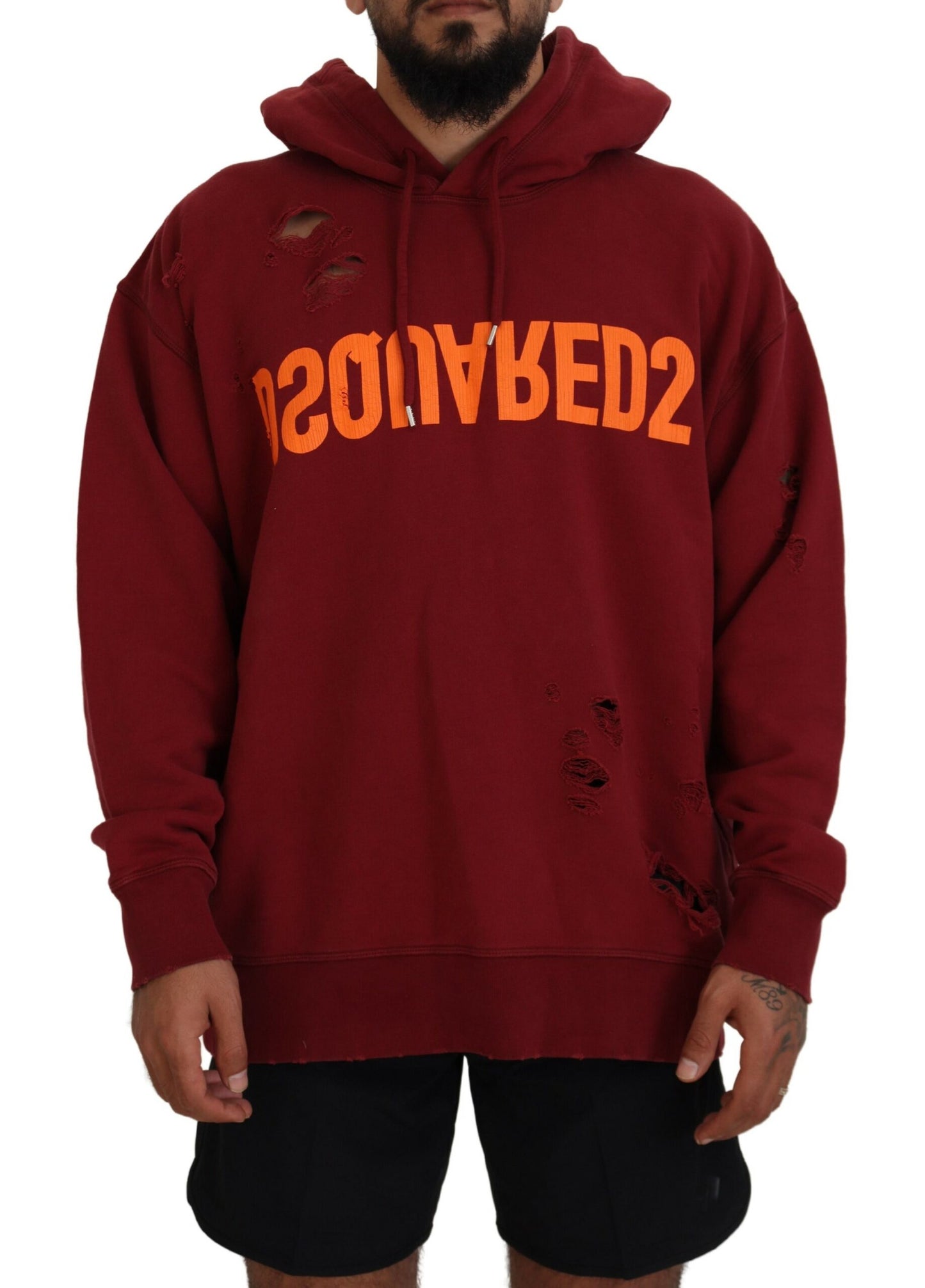 Dsquared² Maroon Cotton Tattered Hooded Printed Pullover Sweater by Dsquared²