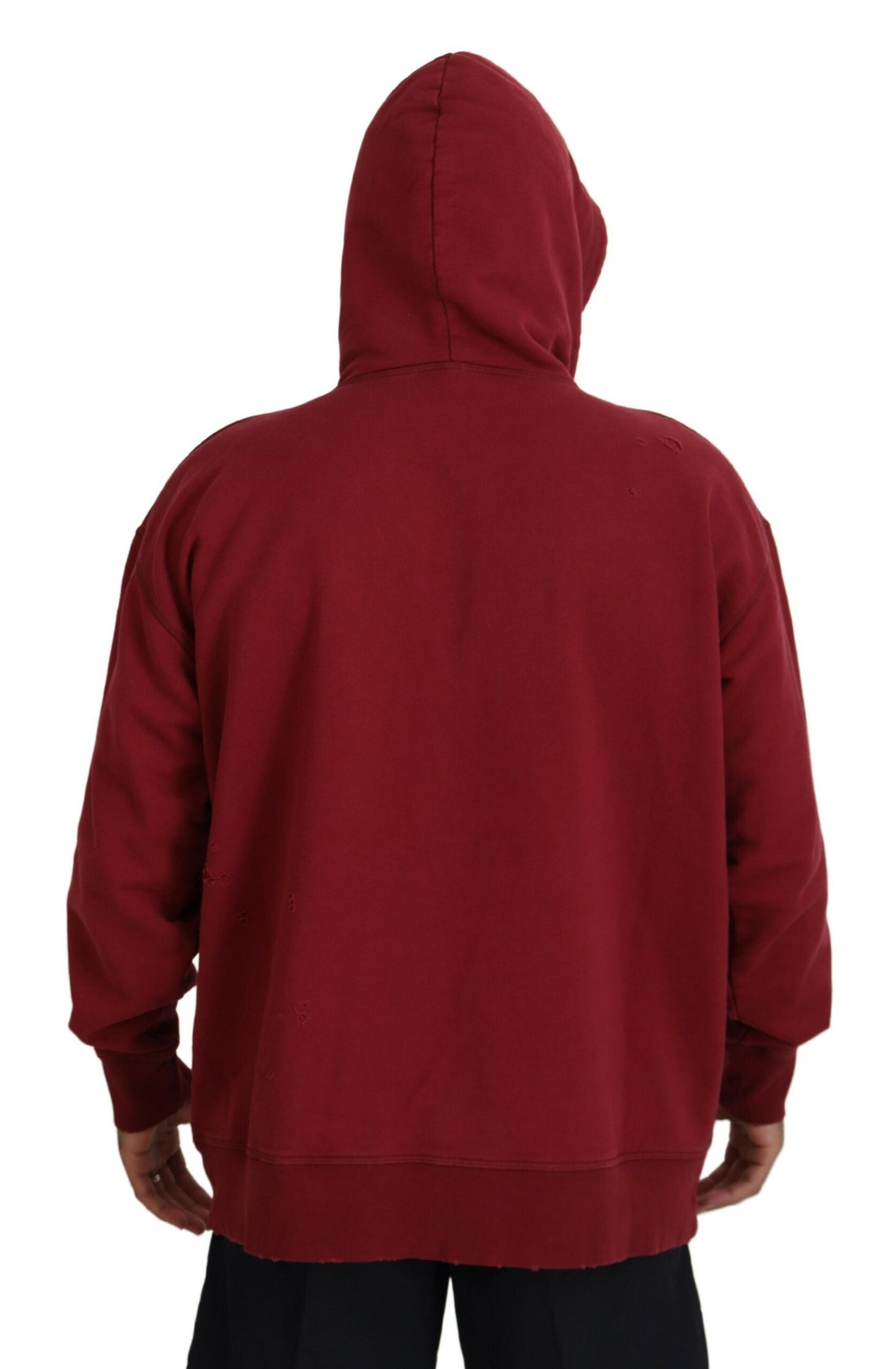 Dsquared² Maroon Cotton Tattered Hooded Printed Pullover Sweater by Dsquared²