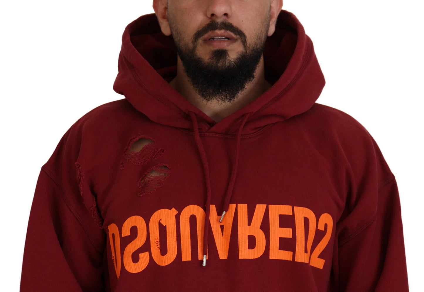 Dsquared² Maroon Cotton Tattered Hooded Printed Pullover Sweater by Dsquared²
