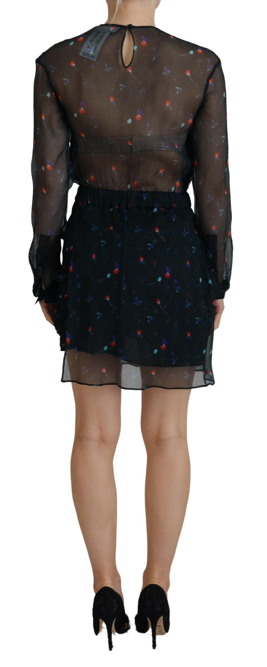 Dsquared² Black Floral Silk Long Sleeves Sheath Mini Dress by Dsquared²