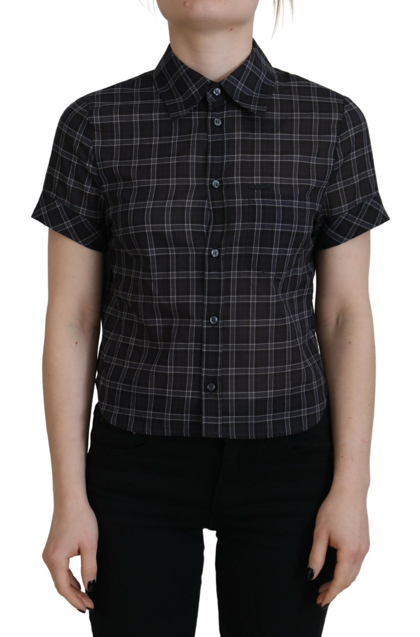 Dsquared² Black Checkered Collared Button Short Sleeves Top by Dsquared²