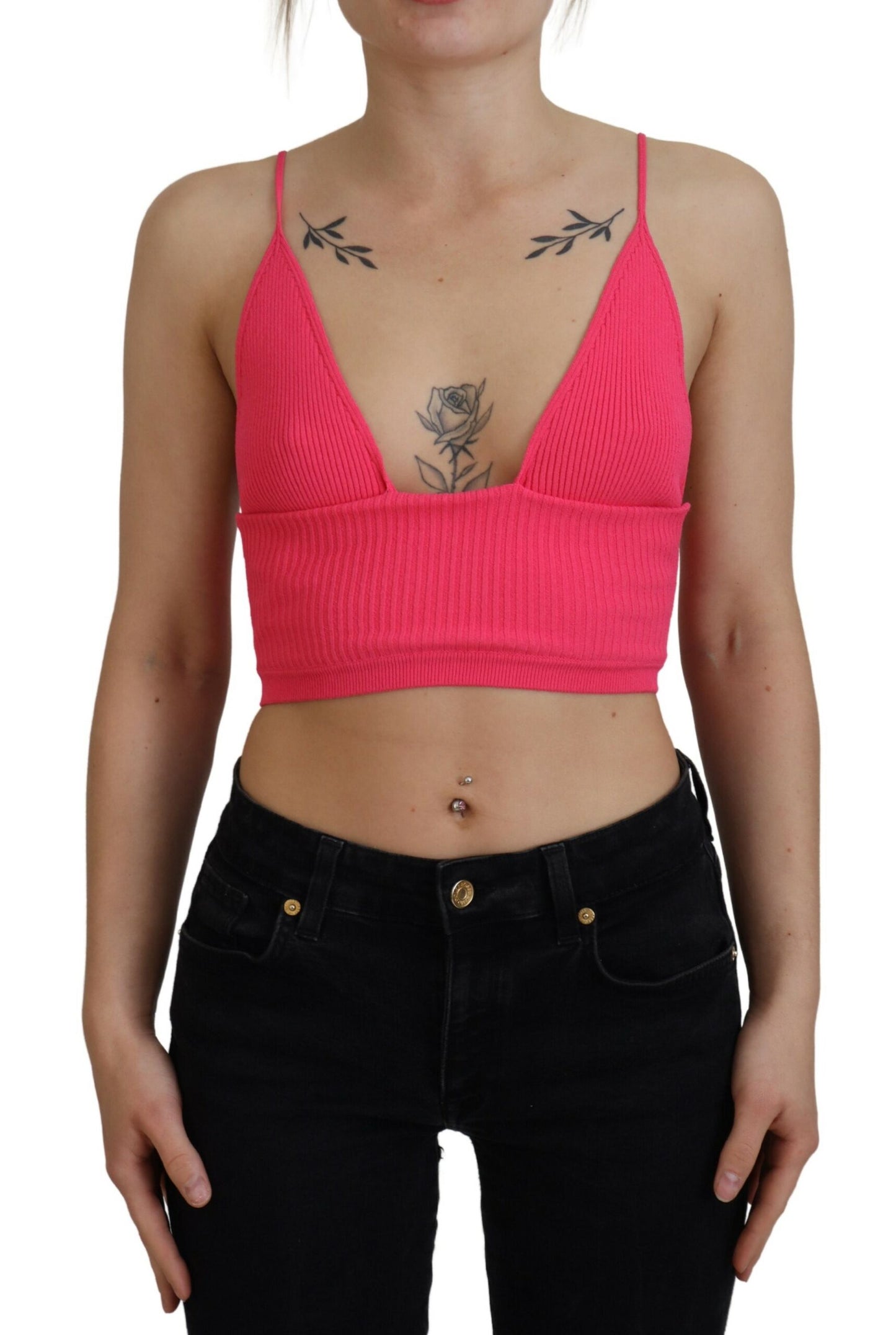 Dsquared² Pink Ribbed Knit Bra Cropped Spaghetti Strap Top by Dsquared²