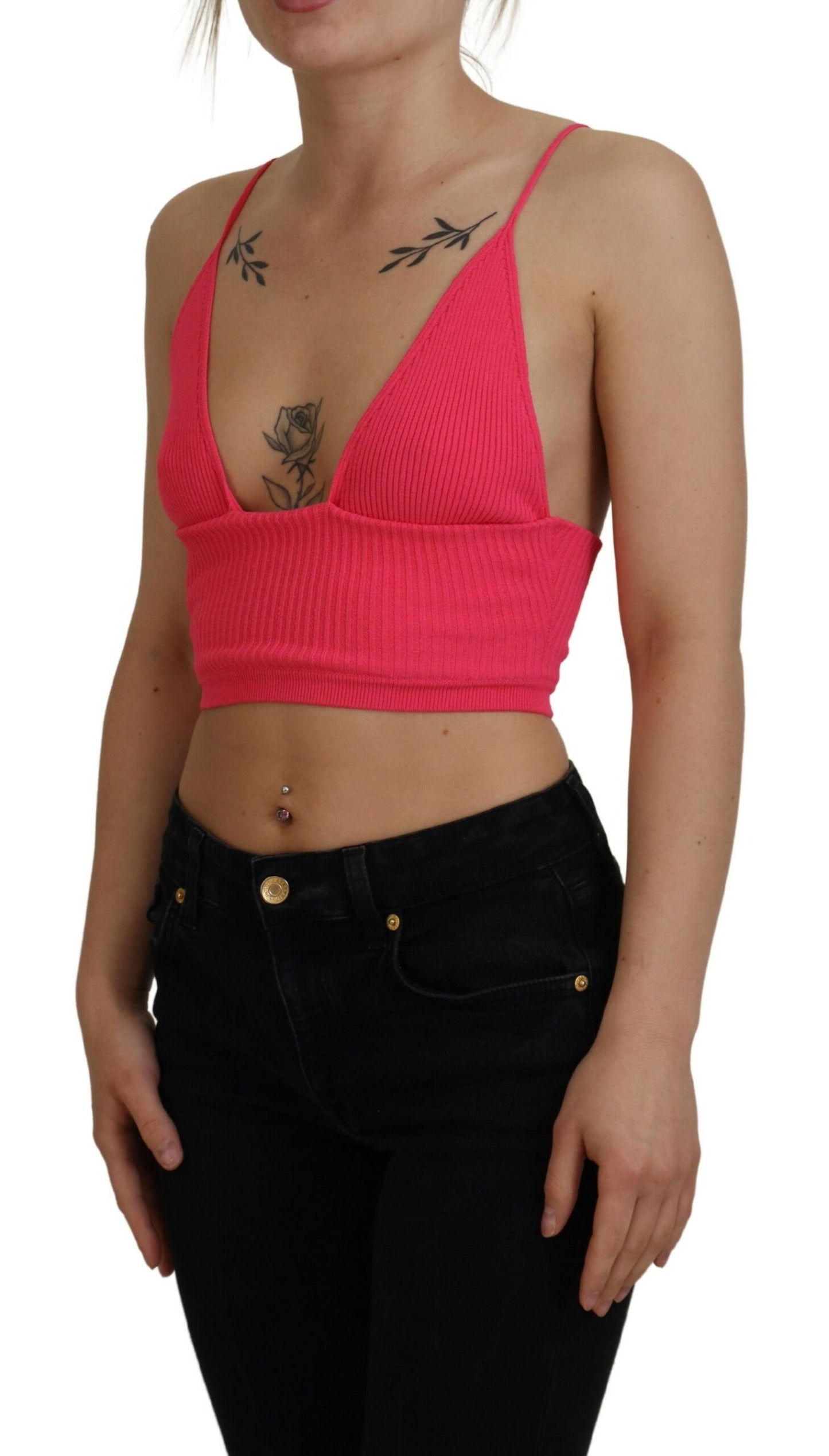 Dsquared² Pink Ribbed Knit Bra Cropped Spaghetti Strap Top by Dsquared²