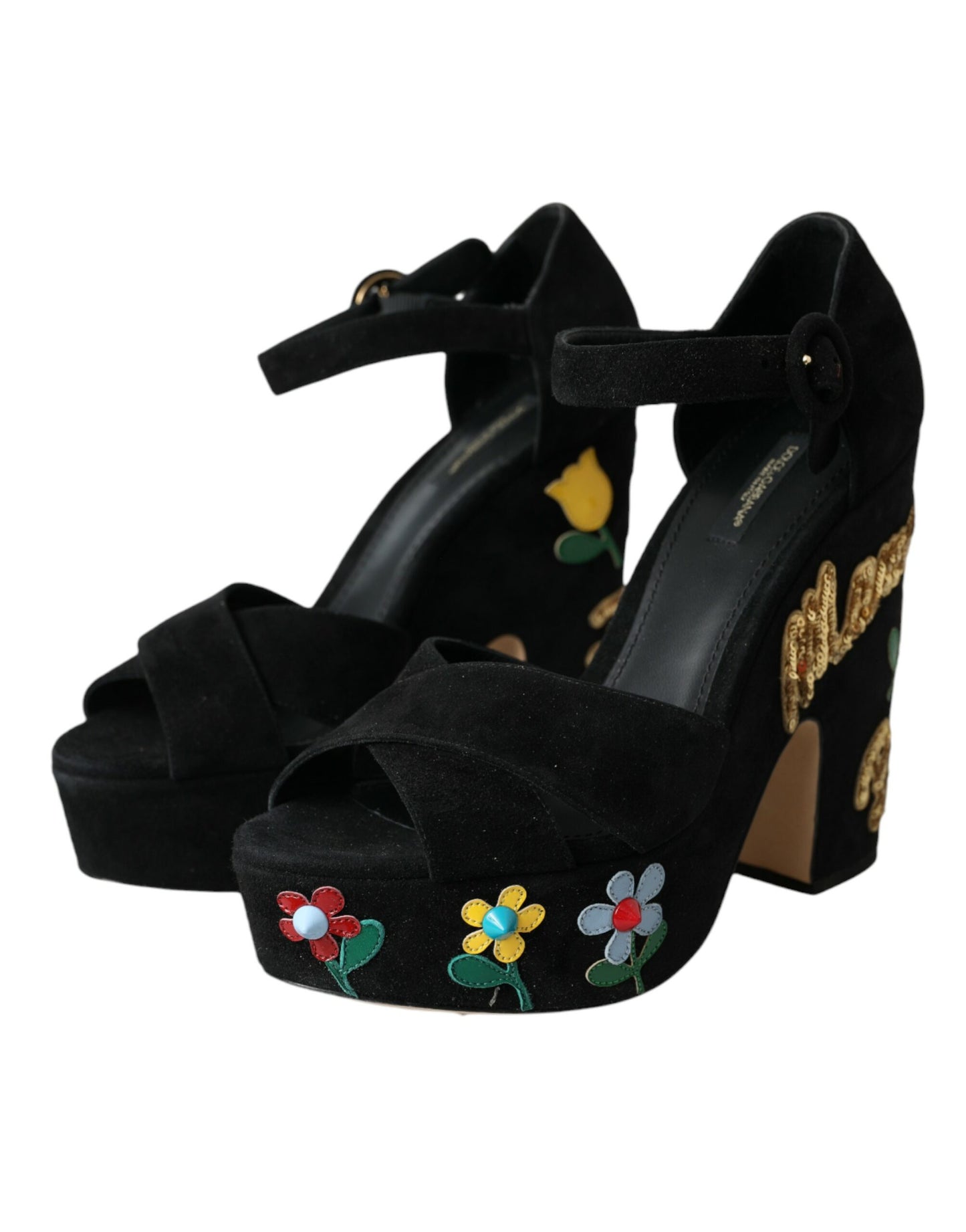 Sandales à talons et bride cheville à fleurs noires Dolce & Gabbana
