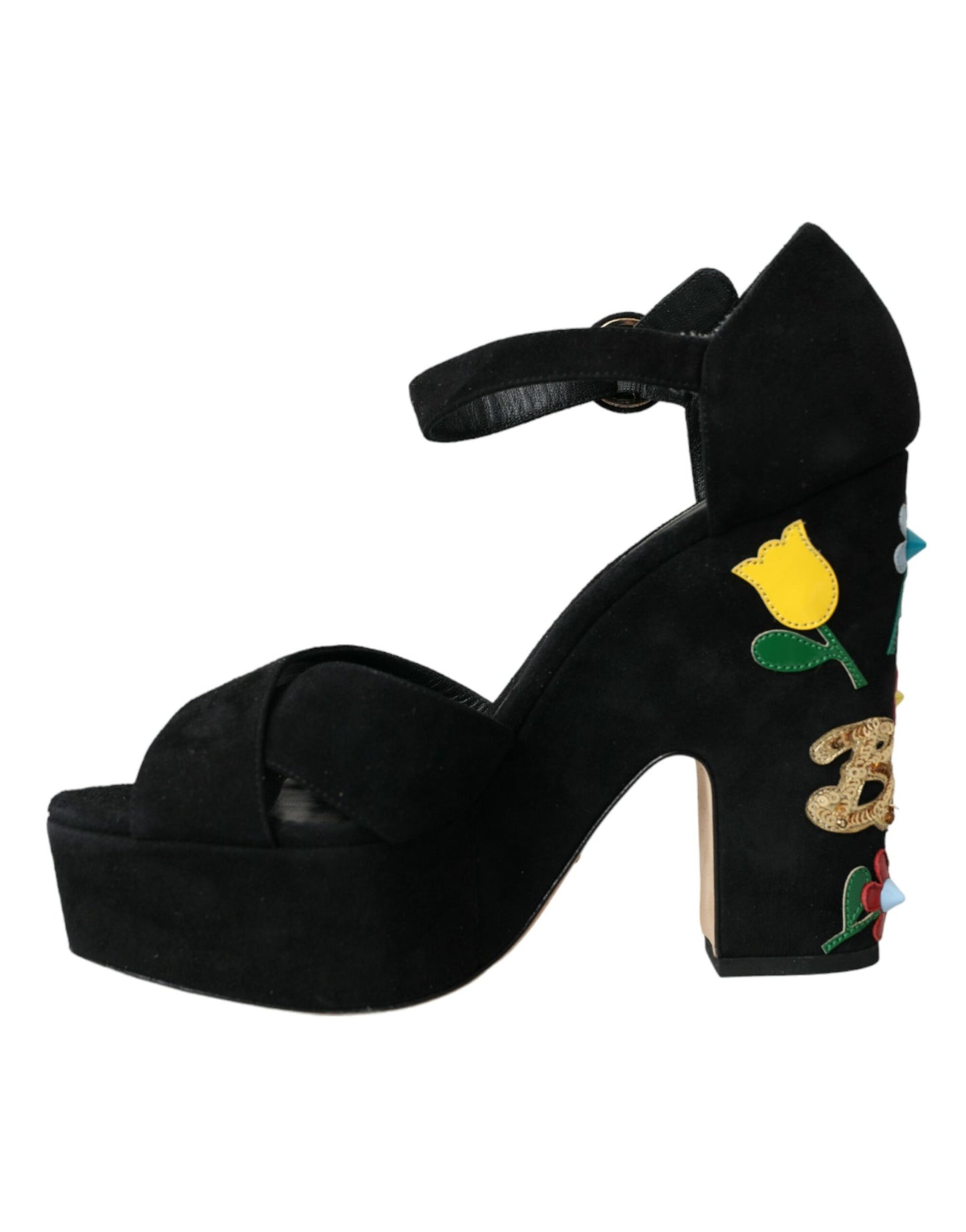 Sandales à talons et bride cheville à fleurs noires Dolce & Gabbana