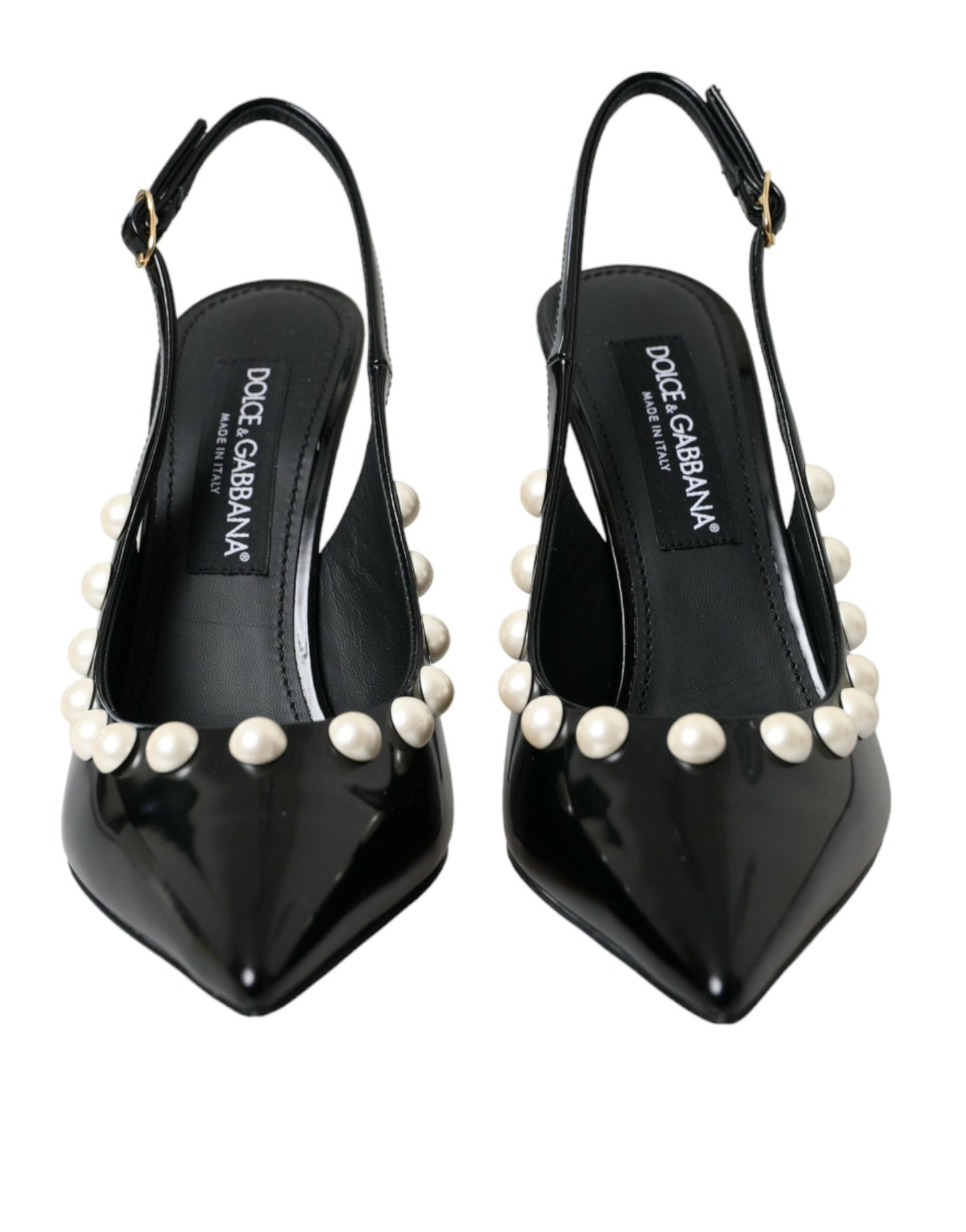 Chaussures à bride arrière en cuir noir Dolce & Gabbana à talon en fausse perle