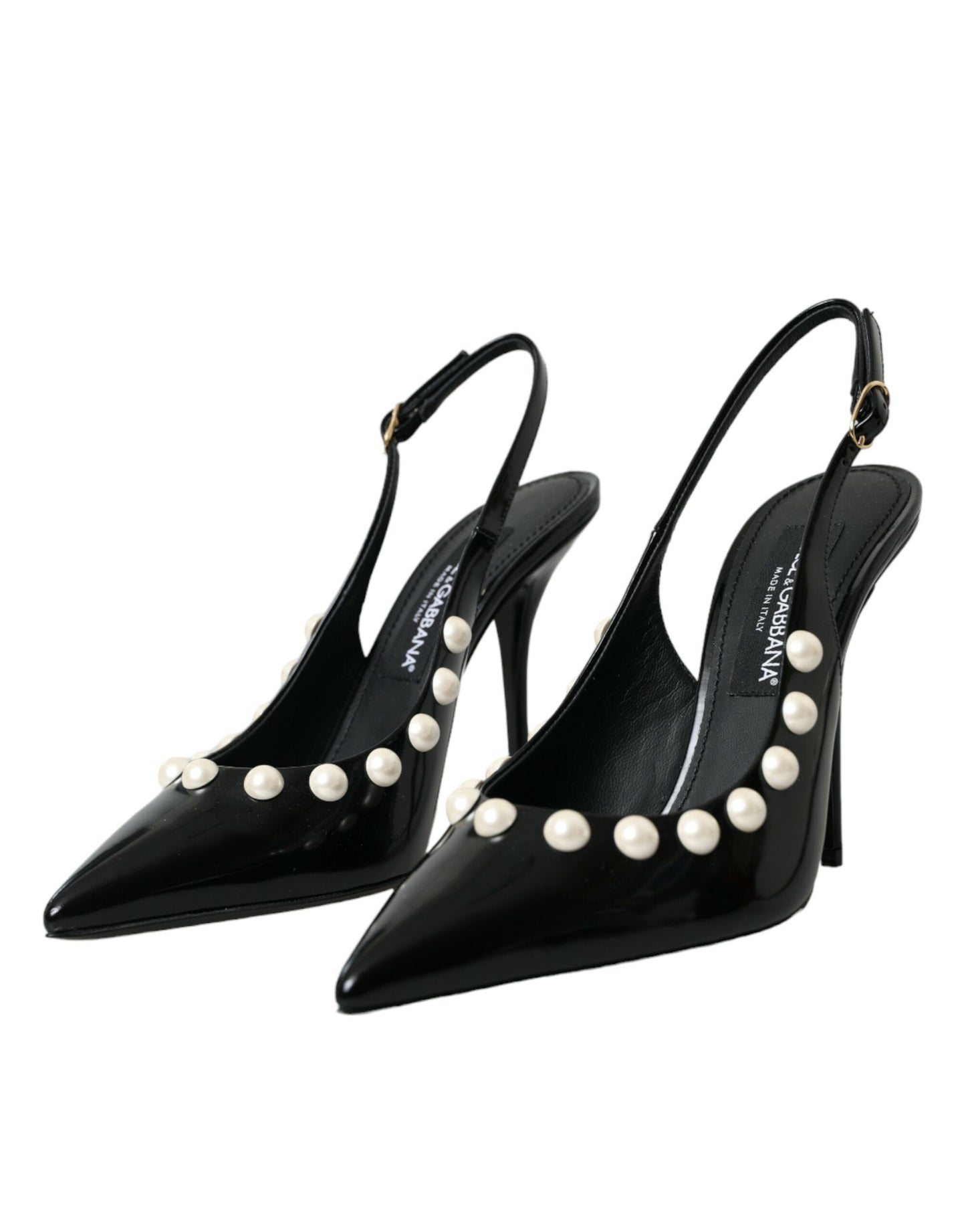 Chaussures à bride arrière en cuir noir Dolce & Gabbana à talon en fausse perle