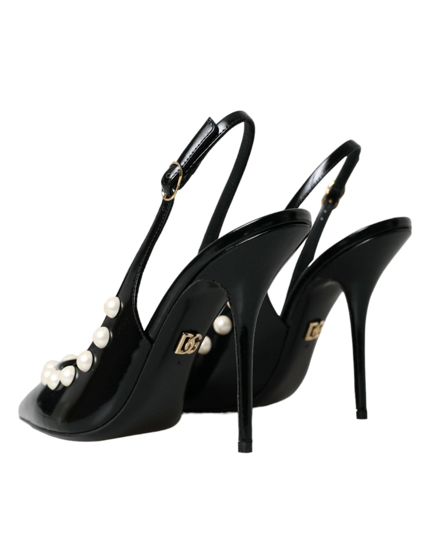 Chaussures à bride arrière en cuir noir Dolce & Gabbana à talon en fausse perle