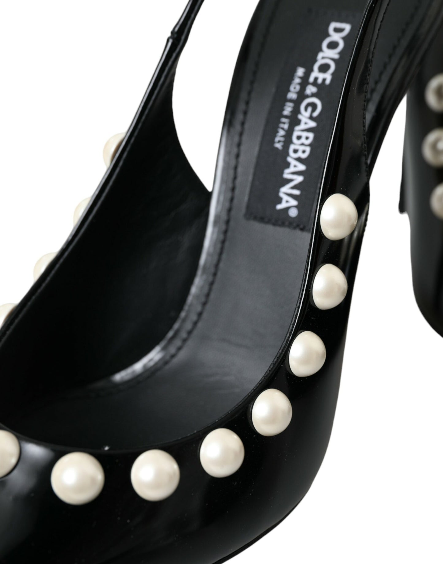 Chaussures à bride arrière en cuir noir Dolce & Gabbana à talon en fausse perle